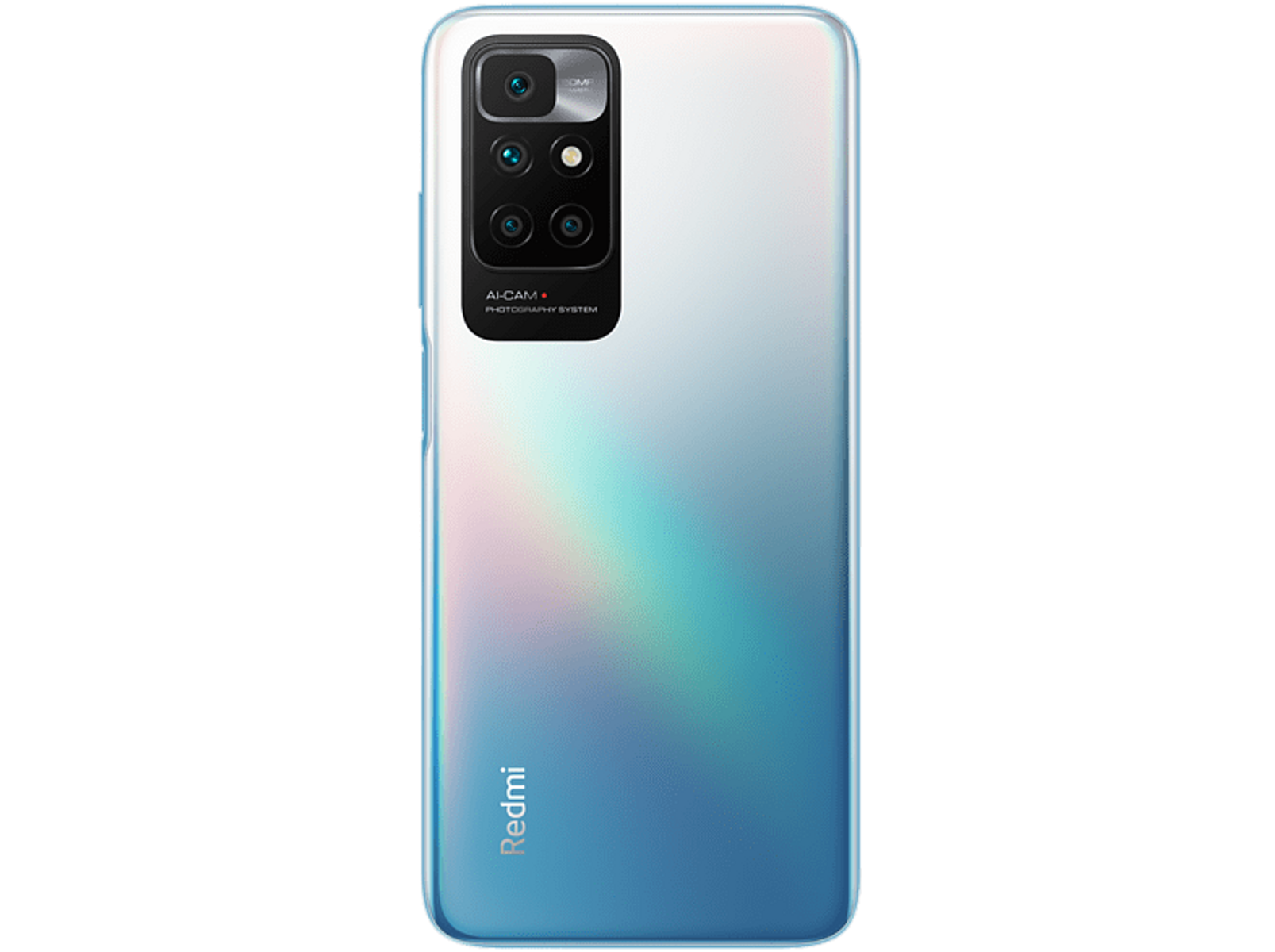 Rückseite eines weiß-blauen Redmi-Telefons mit mehreren Kameras.