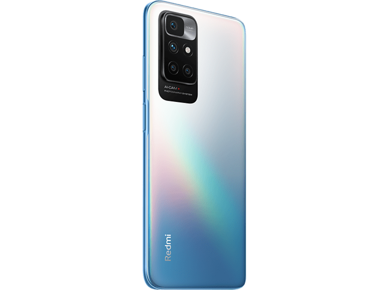 Rückansicht eines weiß-blauen Redmi-Telefons. Es hat eine Kameraerhebung mit mehreren Objektiven.