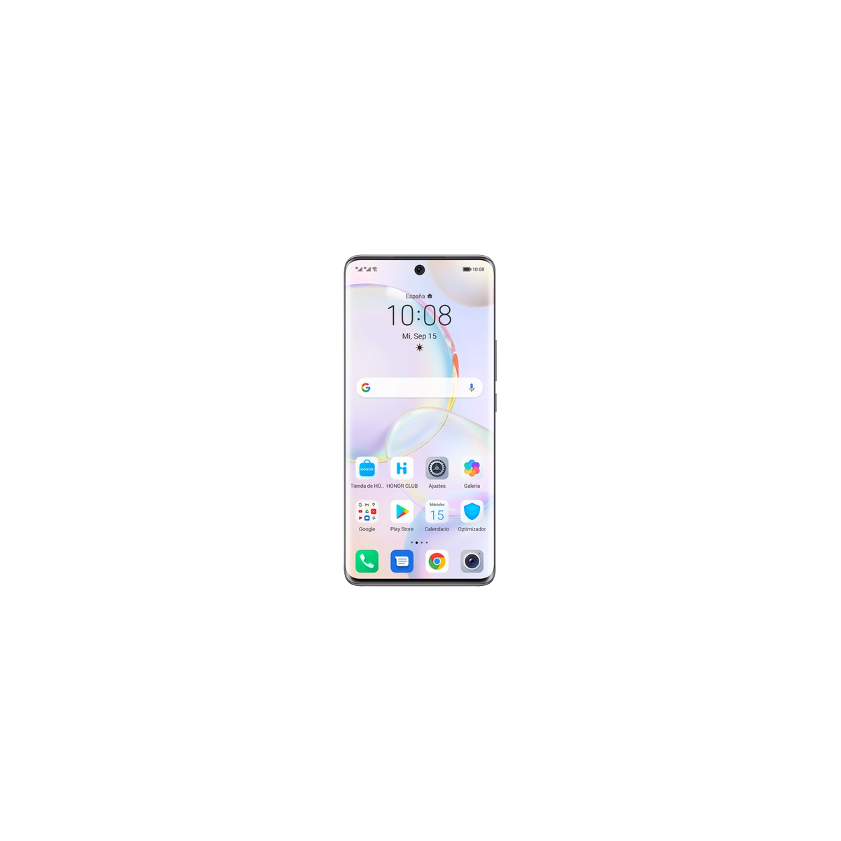 Smartphone sobre fondo negro. La pantalla muestra la hora, la fecha e iconos de aplicaciones. Tiene cámara frontal.