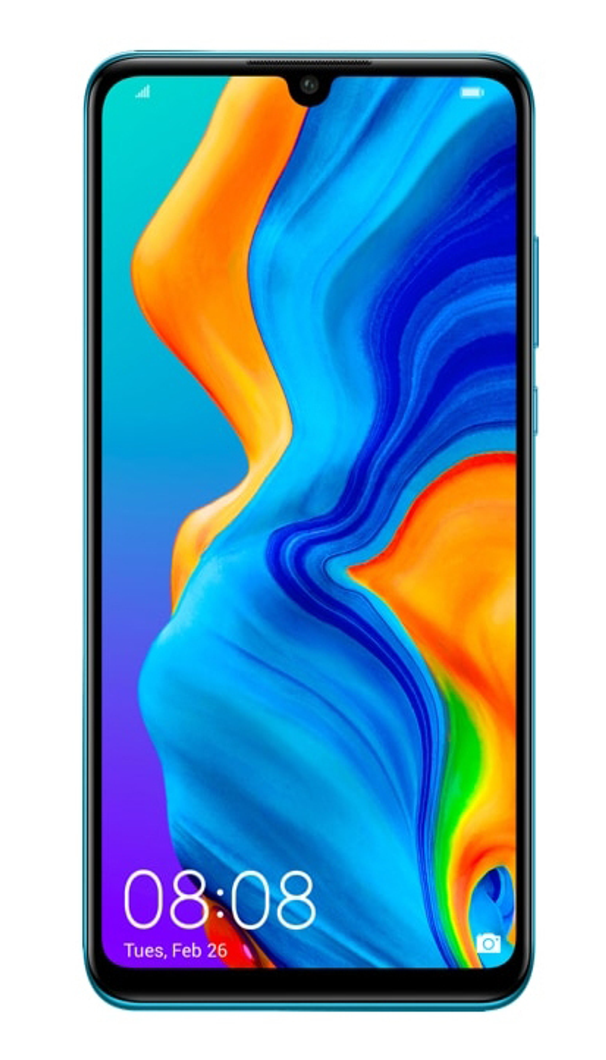 Huawei-Telefon mit farbenfrohem Bildschirm. Der Bildschirm zeigt Datum und Uhrzeit. Das Telefon ist türkis.