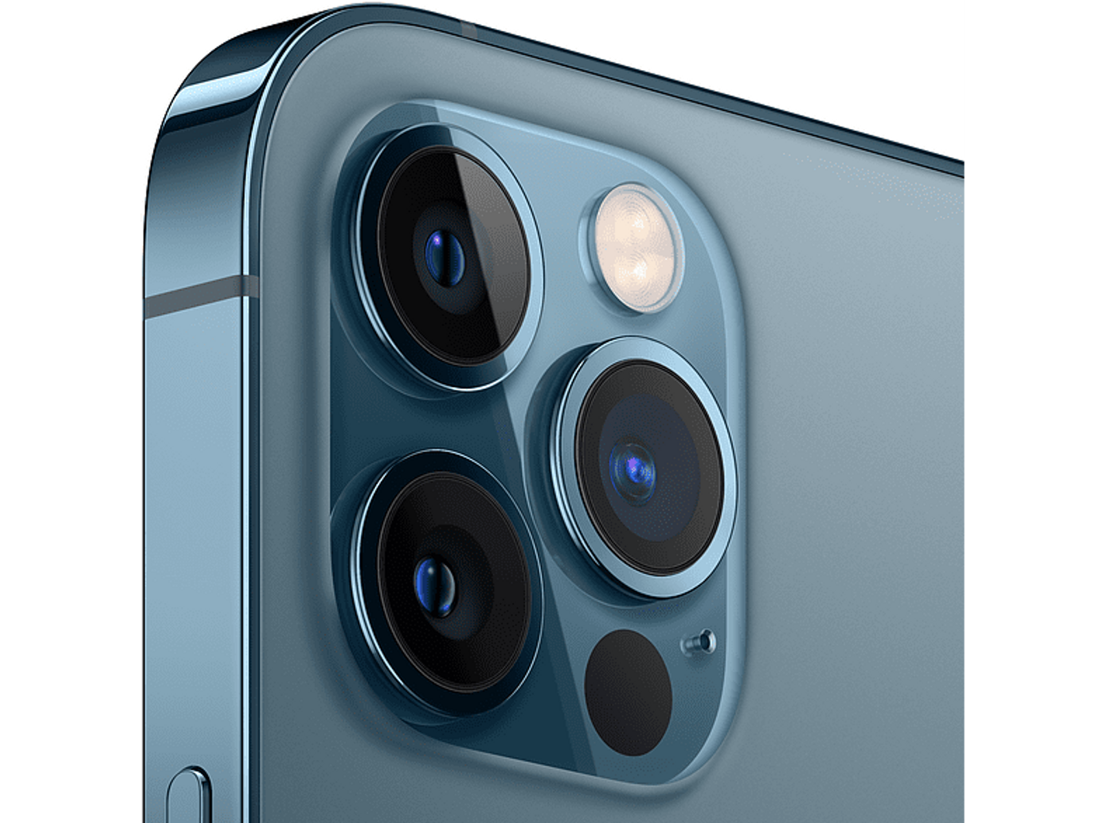 Zbliżenie aparatu w telefonie. Trzy obiektywy, niebieska obudowa. Odbicia światła. Czarne tło.