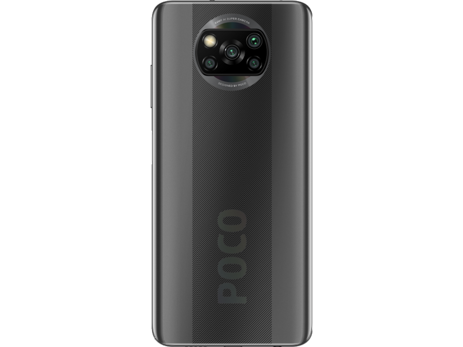 Parte trasera gris del teléfono con líneas verticales, logotipo de Poco y conjunto de cámaras. Fondo negro.