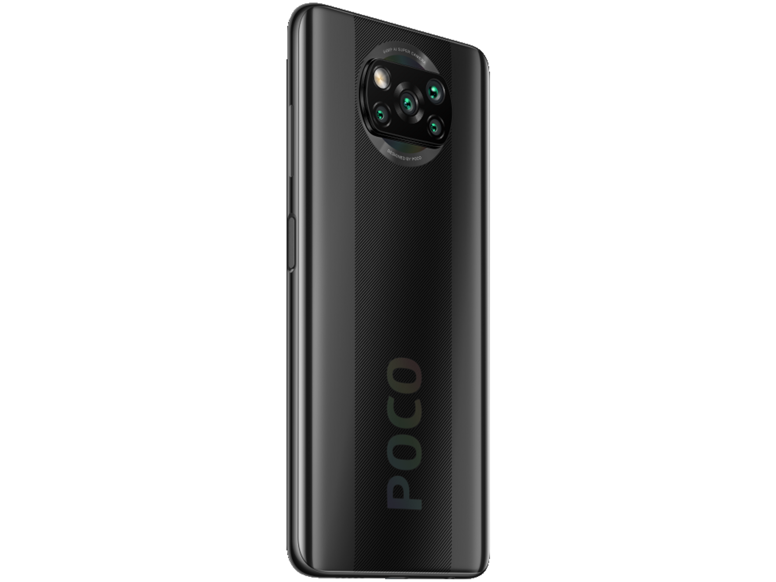 Teléfono negro con la palabra 'POCO' en la parte trasera y múltiples cámaras en la parte superior.