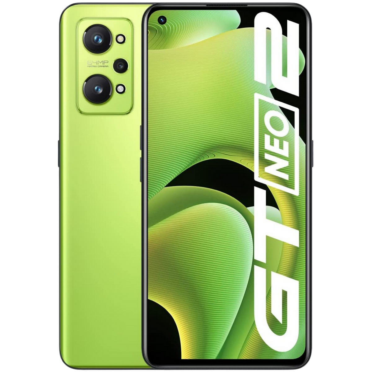 Grünes Smartphone mit drei Kameras, der Bildschirm zeigt ein neongrünes Wellendesign.