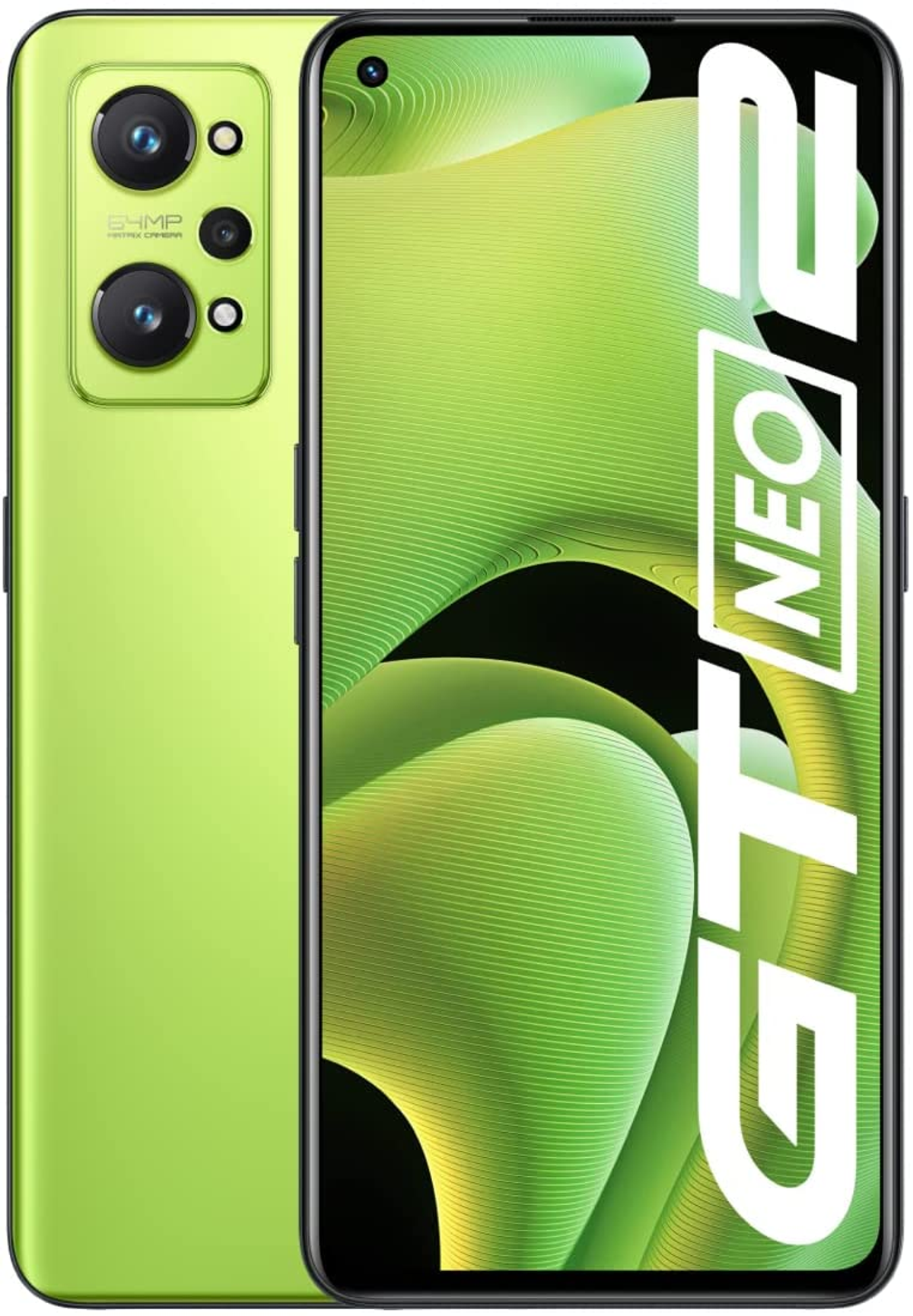 Neongrünes Telefon, Rückansicht mit Dreifachkamera. Schwarzer Hintergrund, die Worte GT Neo 2 sind sichtbar.