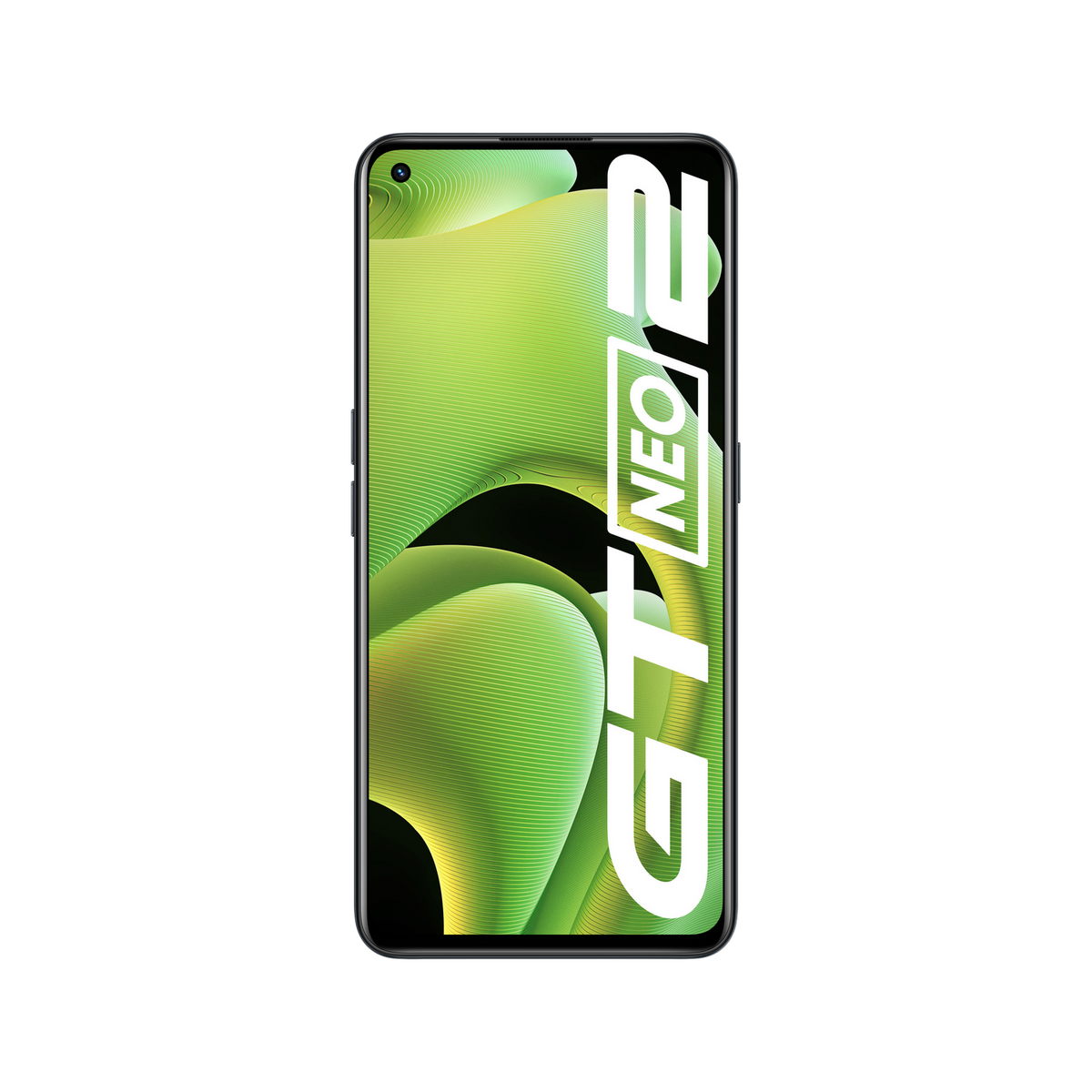 Smartphone mit der Aufschrift 'GT NEO 2' auf grünem Hintergrund.