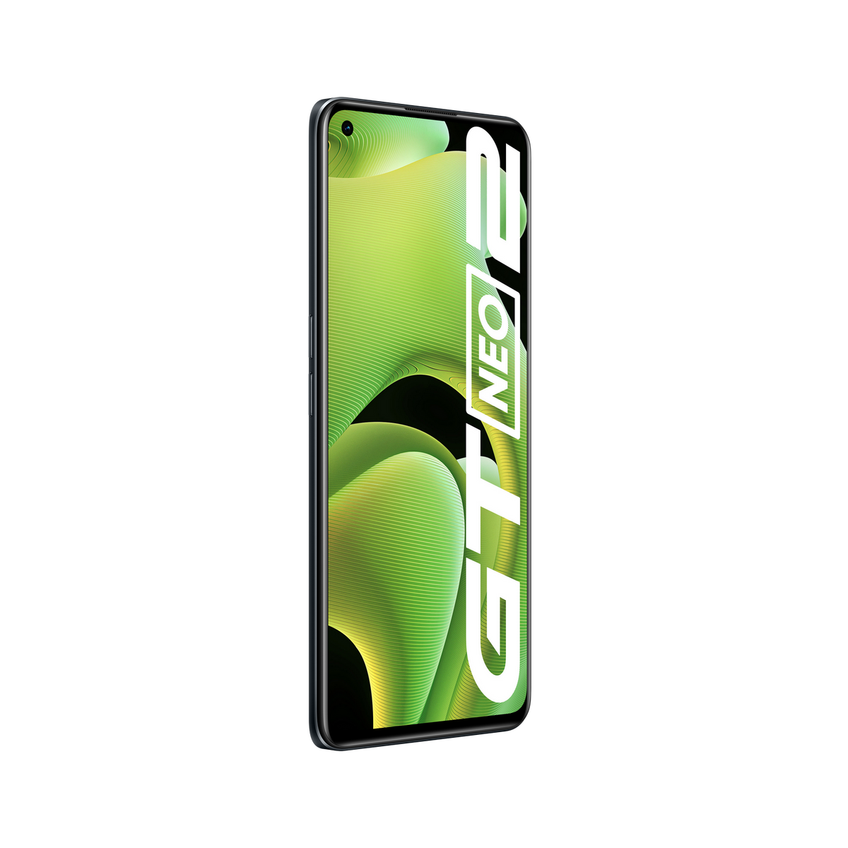 Ein Smartphone mit einem grün-gelben Farbverlauf auf dem Bildschirm mit der Aufschrift "GT NEO 2". Schwarzer Hintergrund.