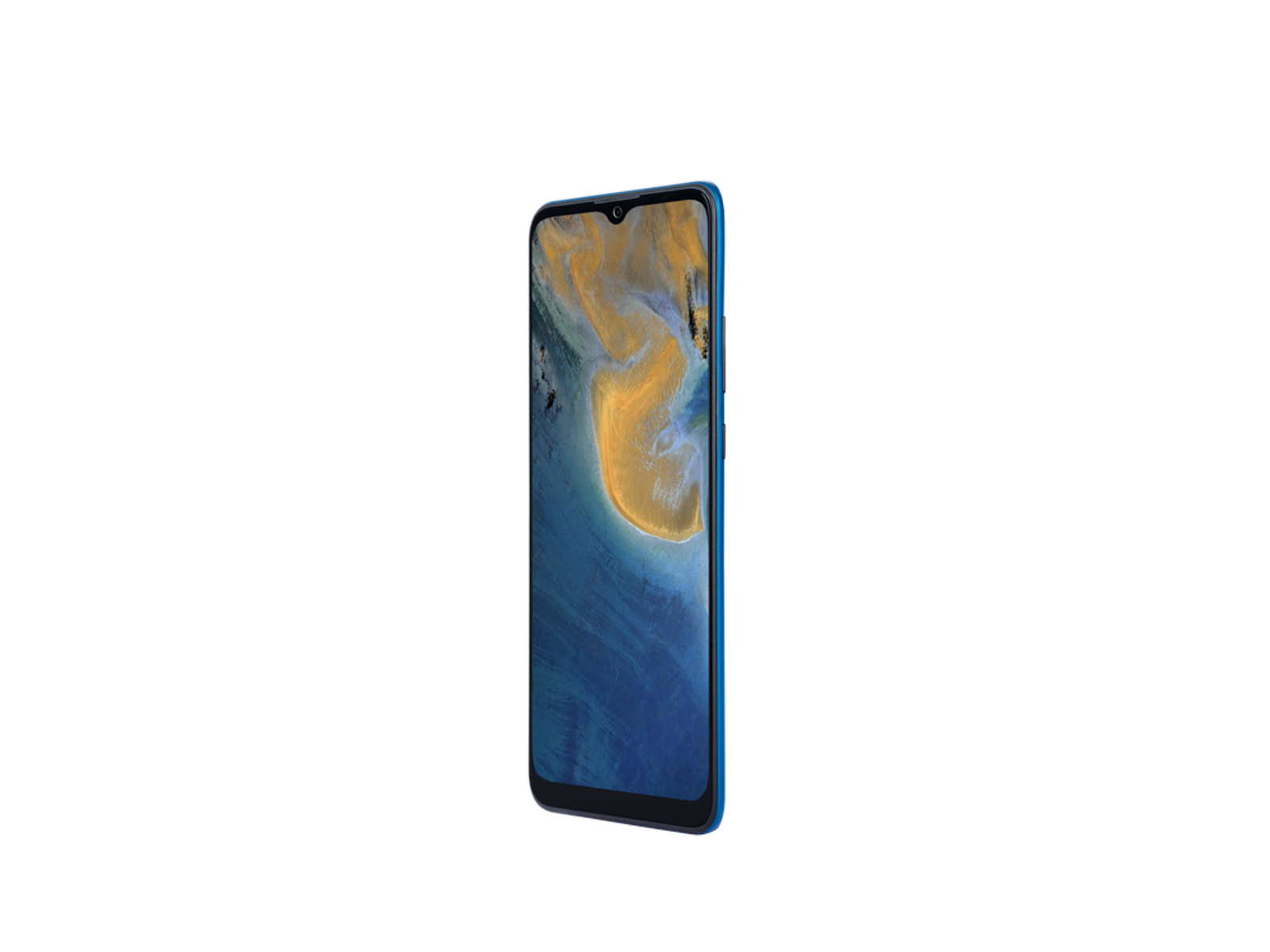 Ein blaues Smartphone, leicht angewinkelt. Der Bildschirm zeigt ein gold-blaues abstraktes Muster. Schwarzer Hintergrund.