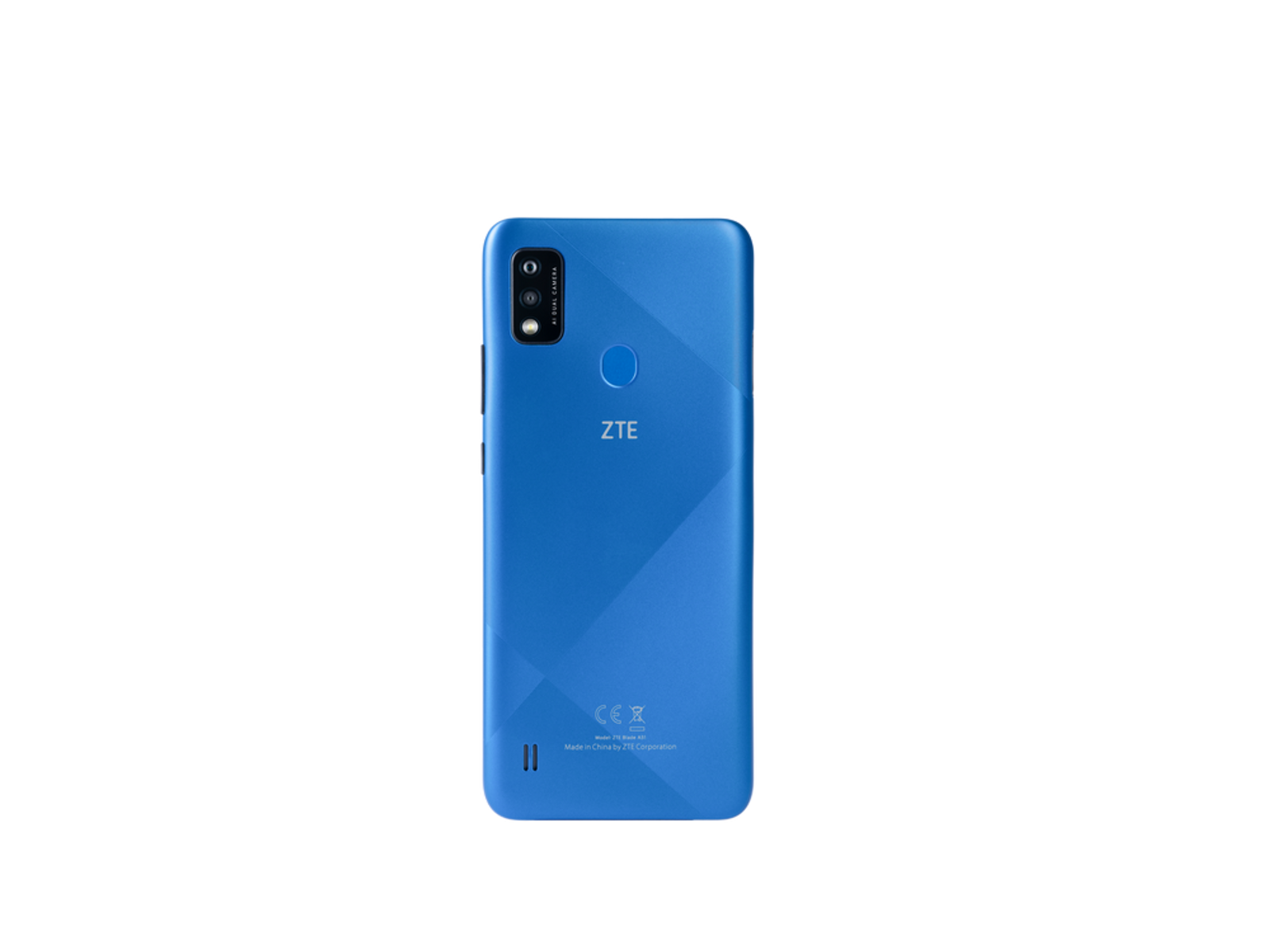Blaues ZTE-Telefon mit Dual-Kamera und ZTE-Logo auf schwarzem Hintergrund.
