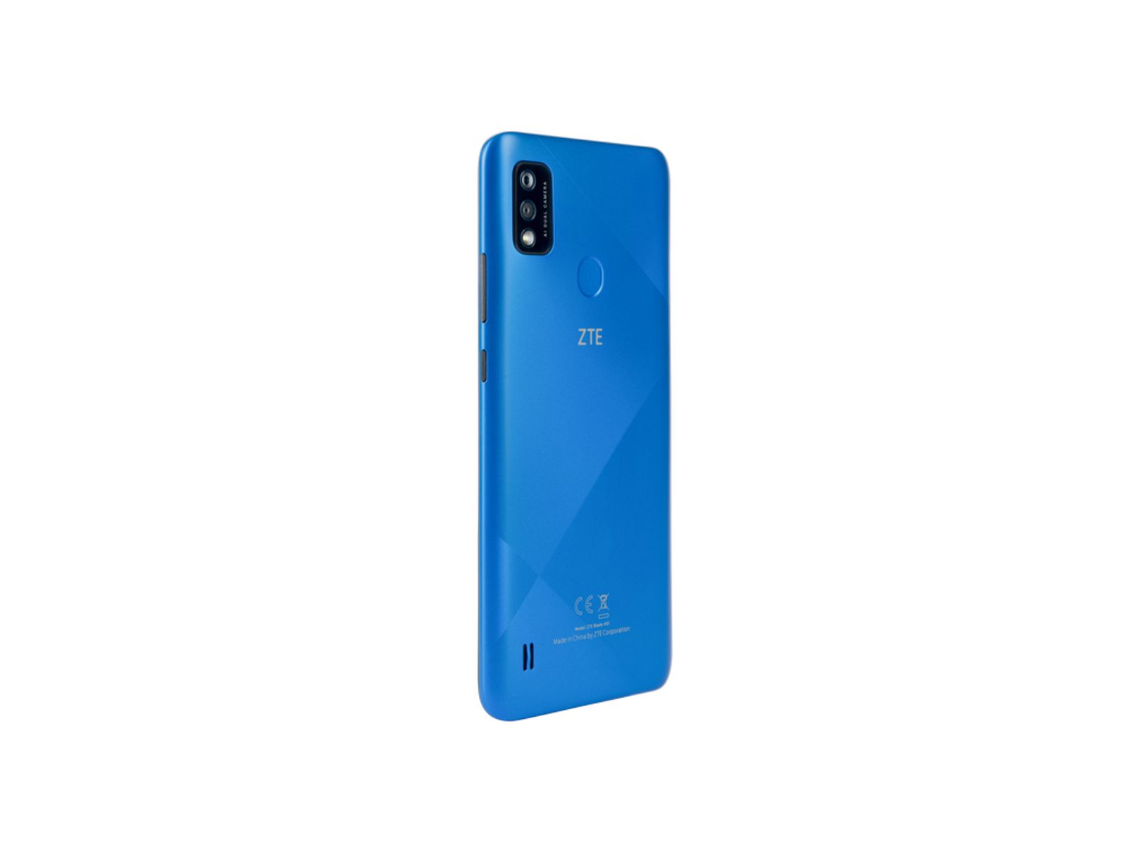 Blaue ZTE-Telefonrückseite. Zwei Kameras und ein Fingerabdrucksensor. ZTE-Logo vorhanden.