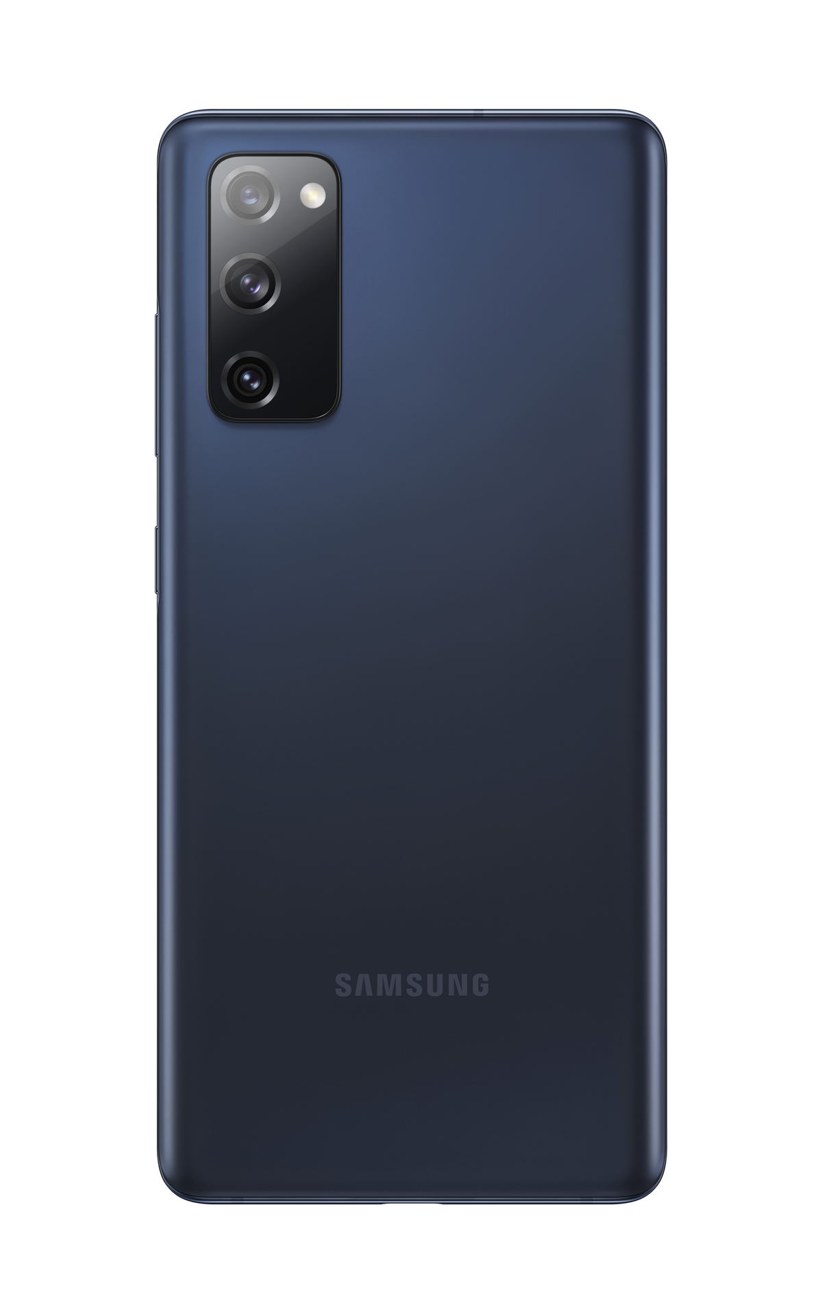 Dunkelblaues Smartphone mit Dreifach-Kamera und Samsung-Logo.