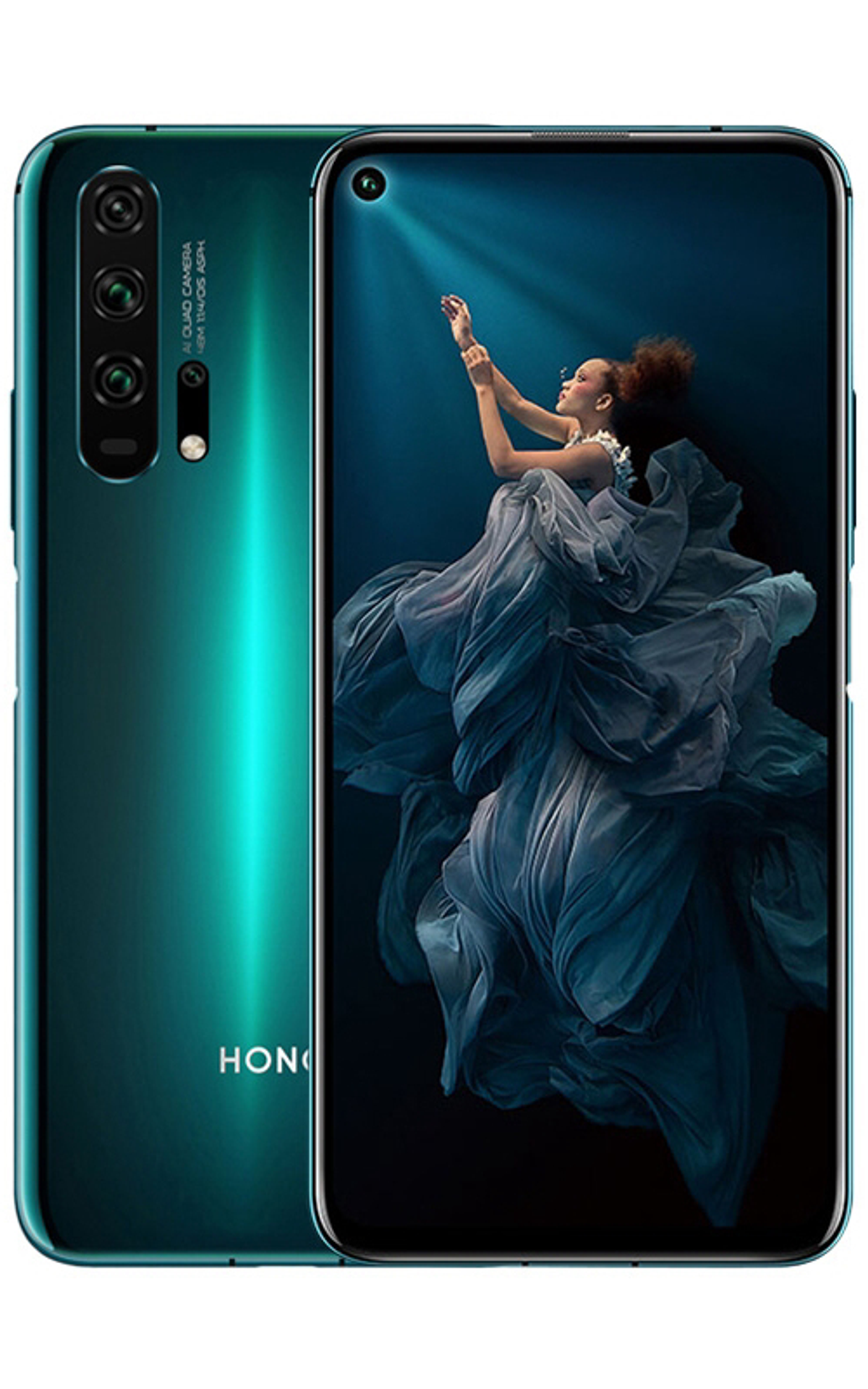 Türkisfarbenes Smartphone, der Bildschirm zeigt eine Frau in einem Kleid.