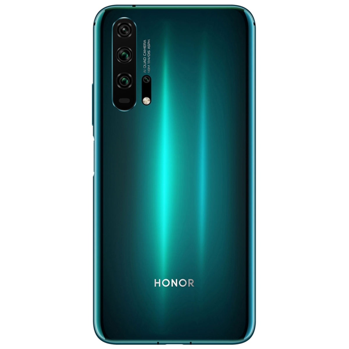 Grüne Honor-Telefonrückseite mit drei Kameras. Honor-Logo sichtbar. Schwarzer Rahmen.