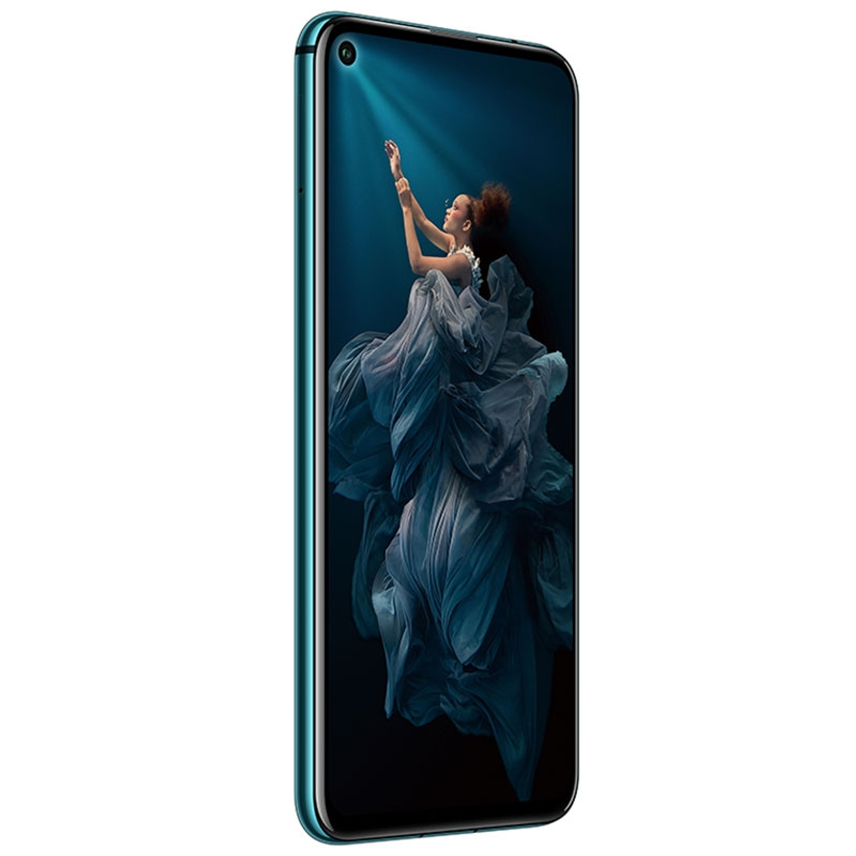 Smartphone mit Frau auf dem Bildschirm, blau-grüner Rahmen, weißer Hintergrund.