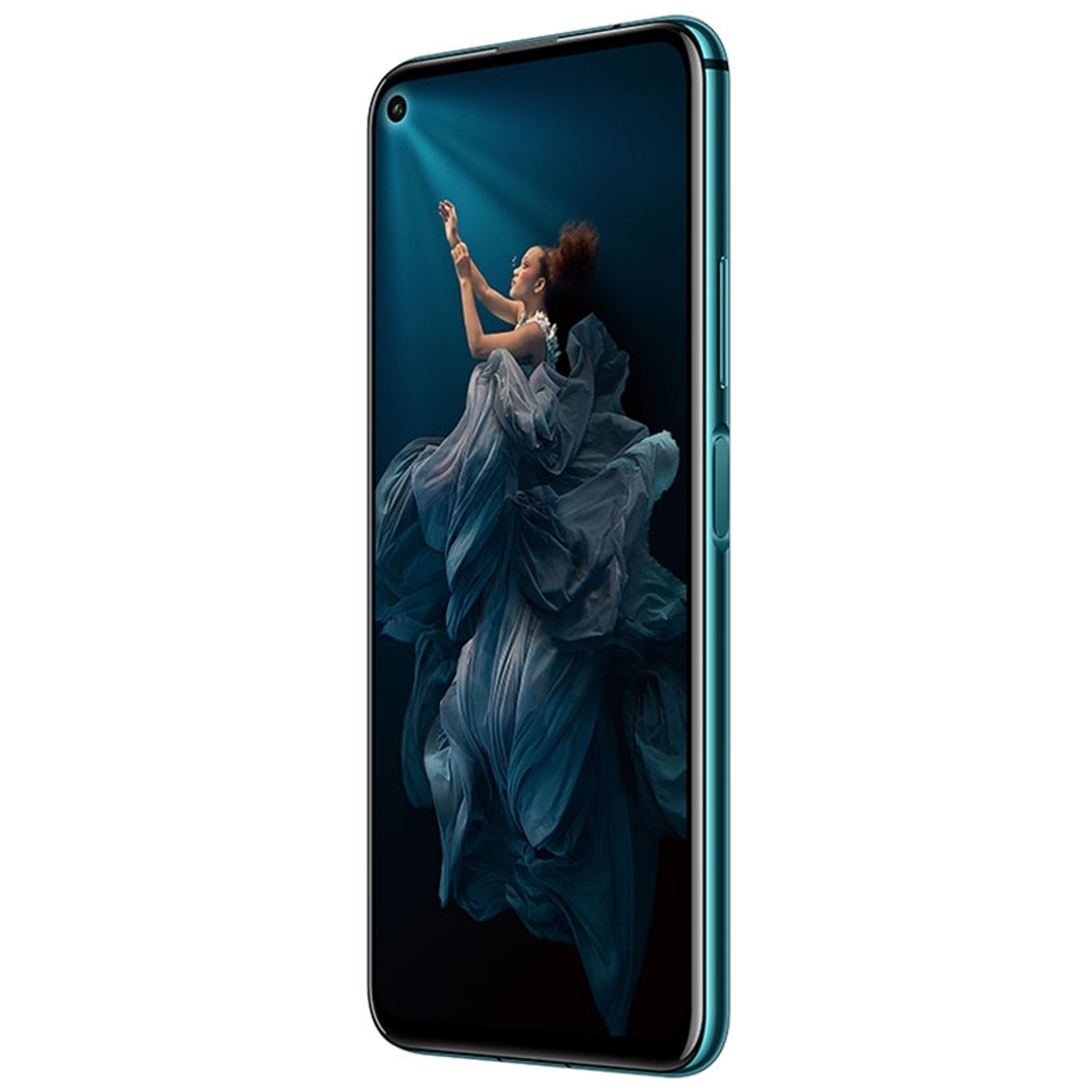 Ein türkisfarbenes Smartphone zeigt eine Frau in einem fließenden Kleid unter Wasser mit einem Licht.