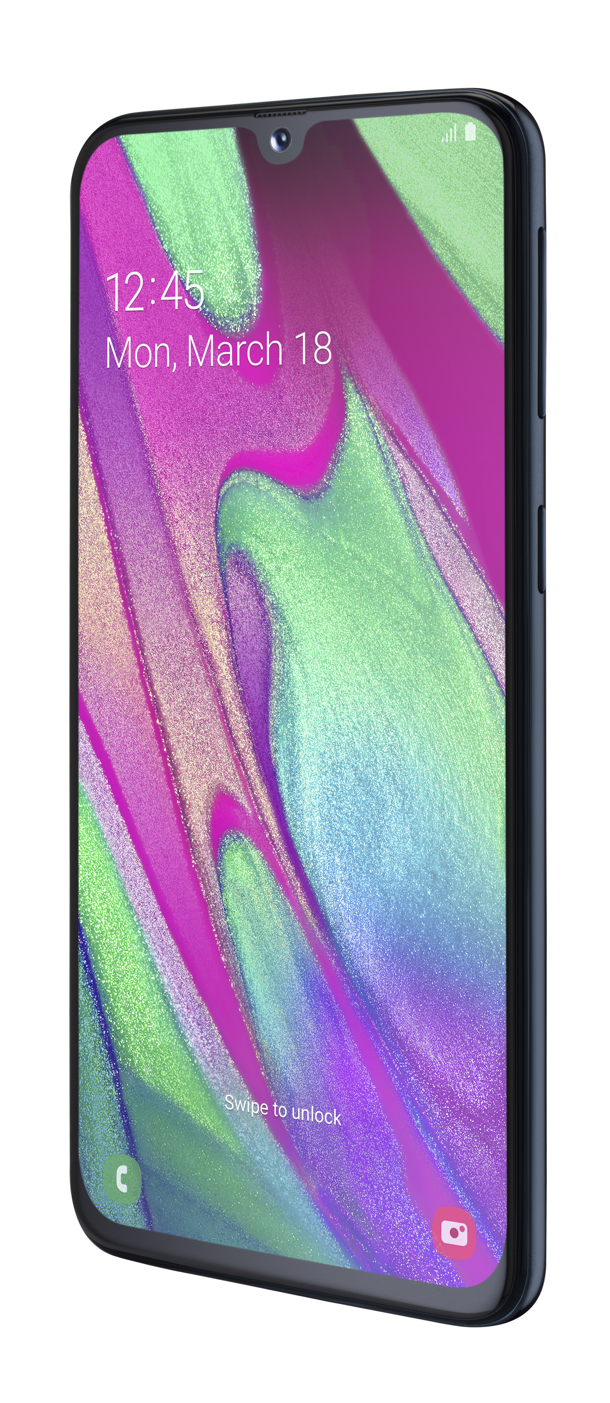 Smartphone con schermo colorato che mostra data e ora, inclinato a sinistra.
