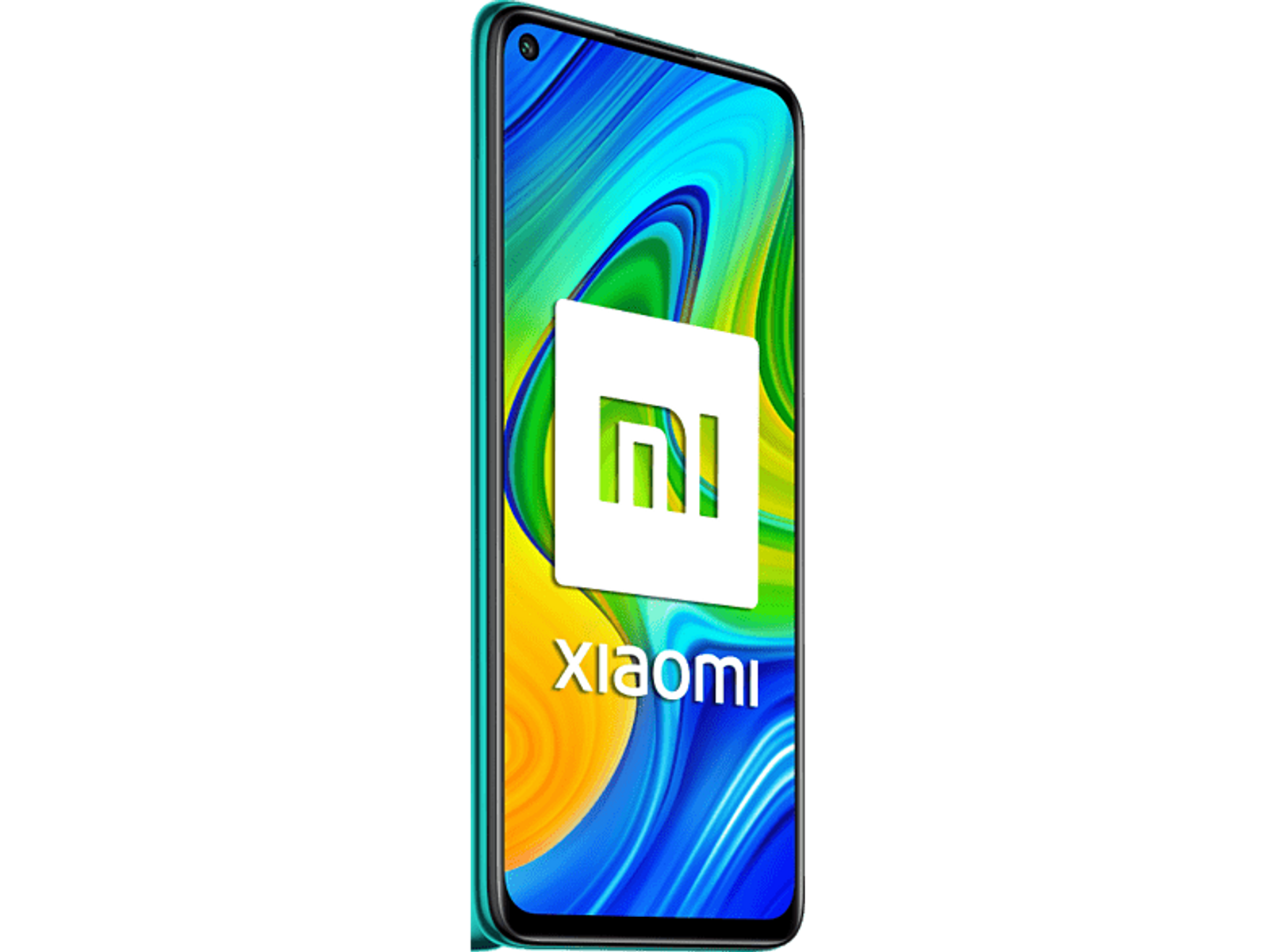 Turkusowy telefon z logo Xiaomi na białym ekranie.