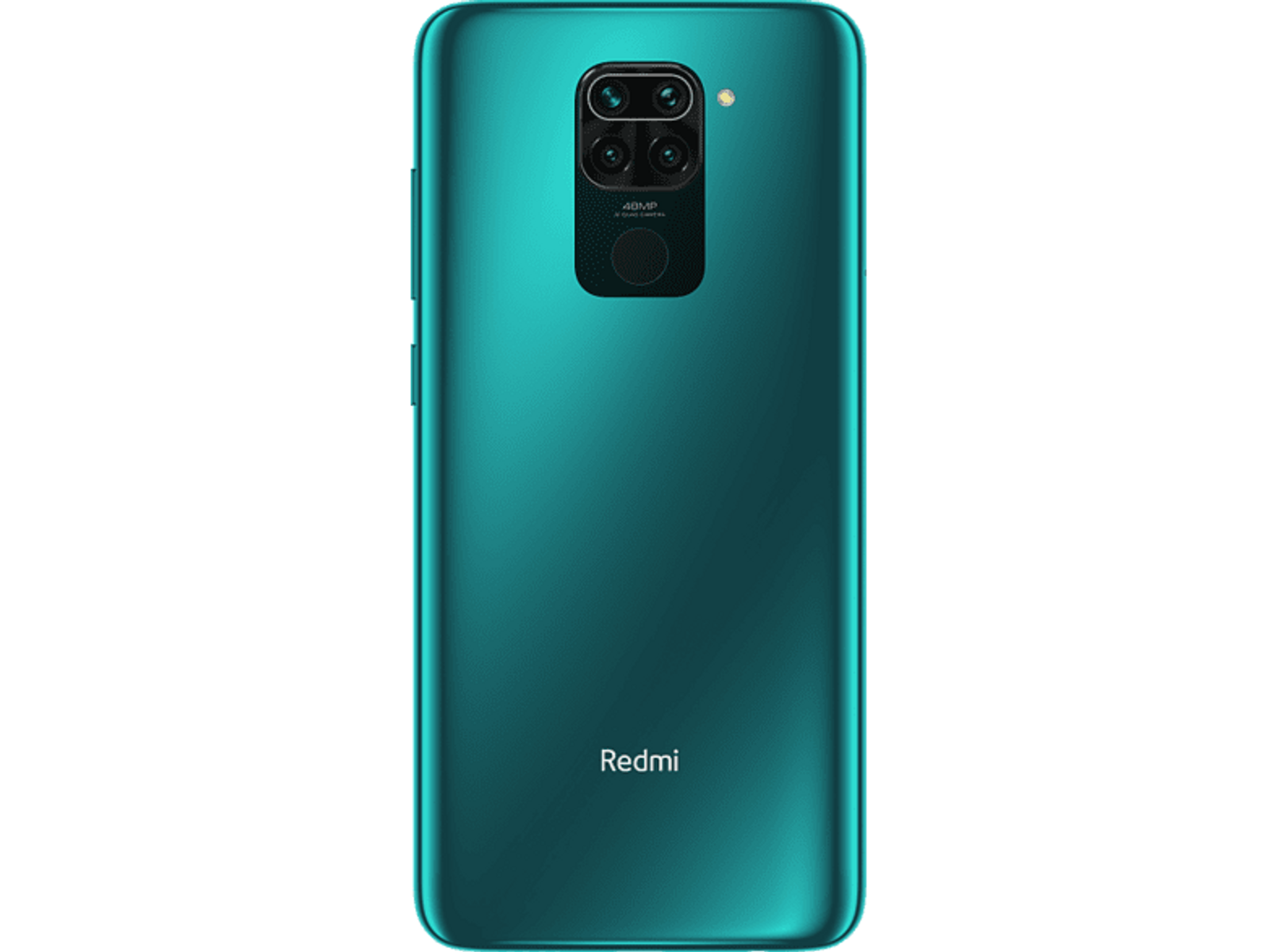 Tył turkusowego smartfona z aparatami, lampą błyskową i logo Redmi. Czarne tło.