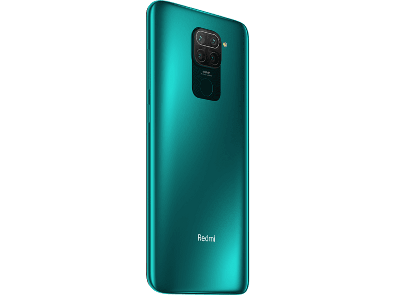 Turkusowy smartfon. Telefon ma wiele tylnych aparatów. Czarne tło.