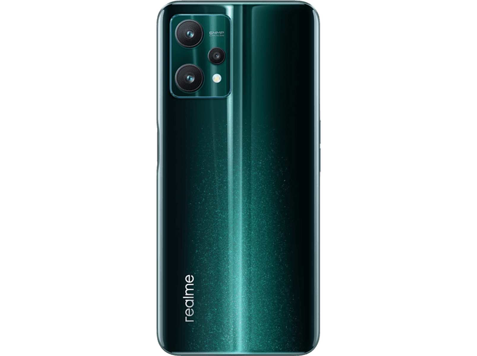 Dos de smartphone vert avec module caméra et logo Realme.