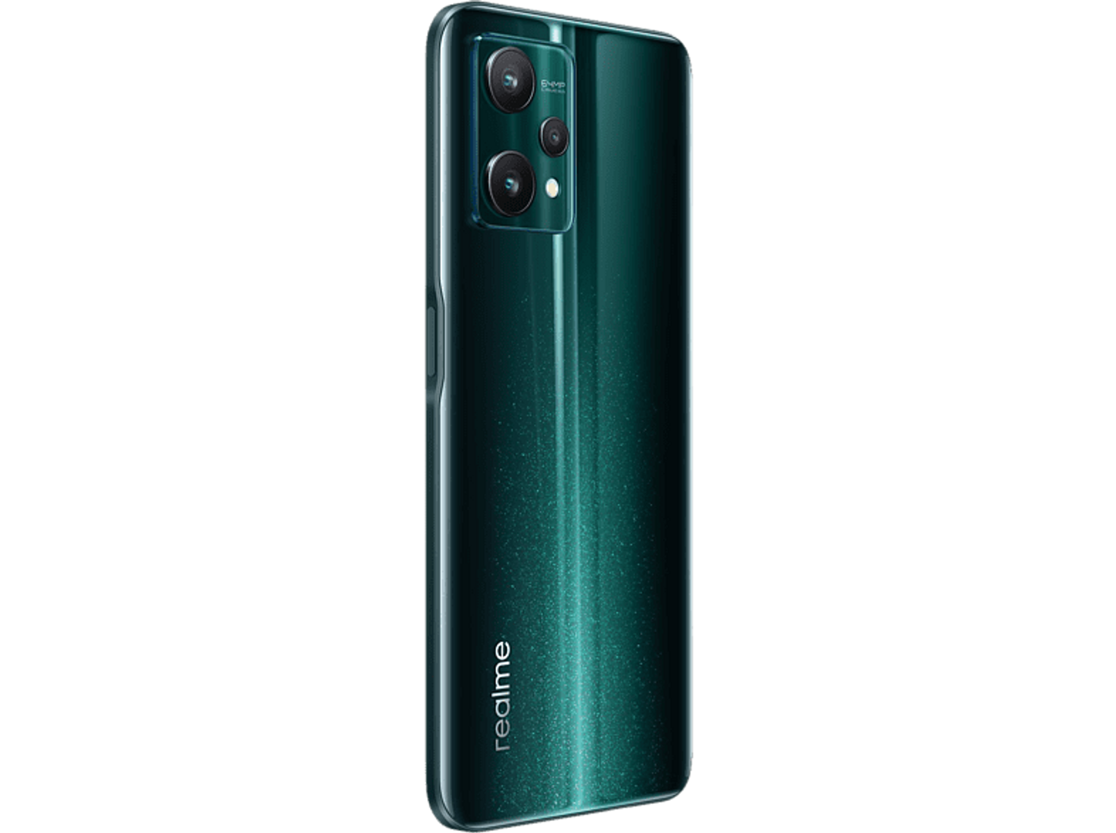 Groene smartphone met drie camera's aan de achterkant. Realme label is zichtbaar. Zwarte achtergrond.