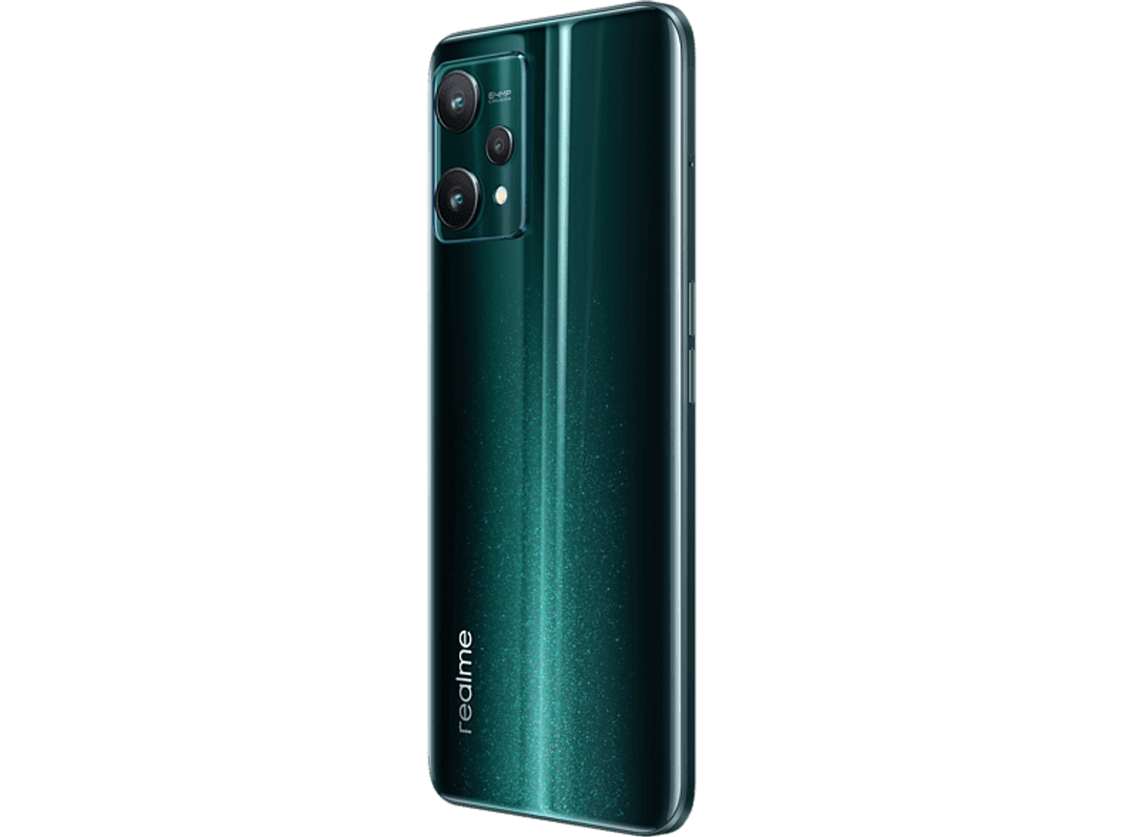 De achterkant van een groene smartphone toont een drievoudige cameralens en het 'realme' logo.