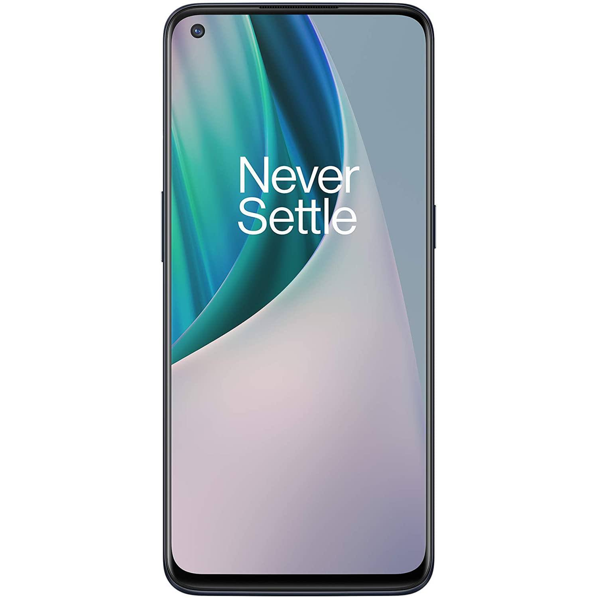 Telefon OnePlus, czarna ramka, biały tekst 'Never Settle' na ekranie.
