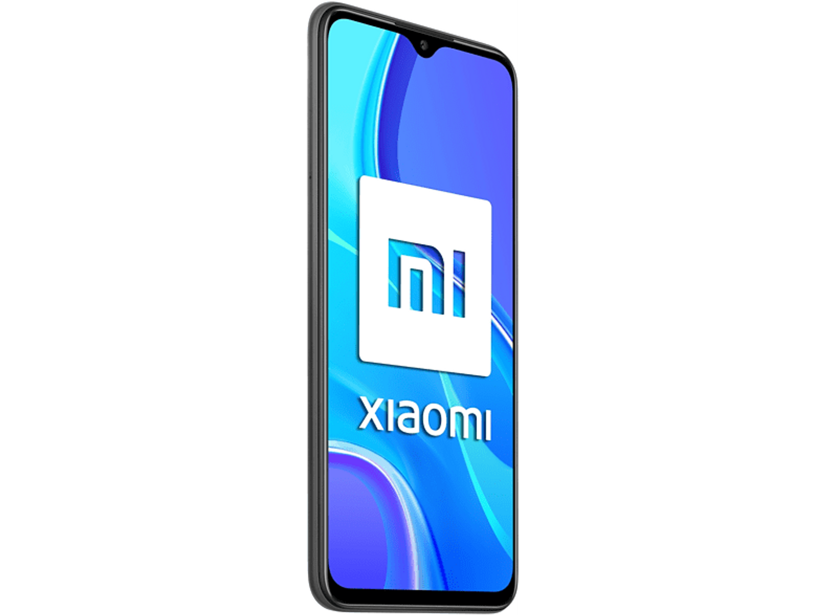 Smartphone auf schwarzem Hintergrund. Der Bildschirm zeigt eine blaue Oberfläche mit dem Xiaomi-Logo.