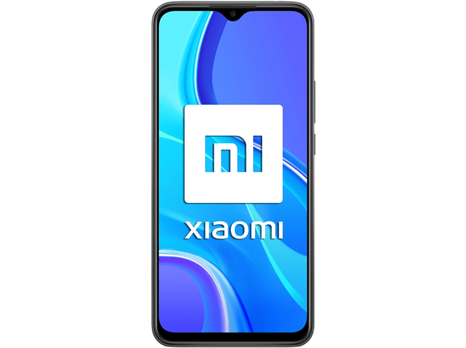 Schwarzer Smartphone-Bildschirm mit dem Xiaomi-Logo und dem Wort 'XIAOMI' auf blauem Hintergrund.