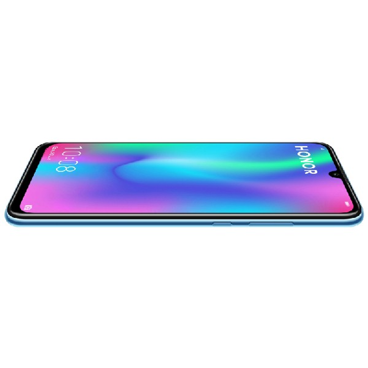 Ein blaues Smartphone auf weißem Hintergrund. Der Bildschirm zeigt ein farbenfrohes abstraktes Bild.