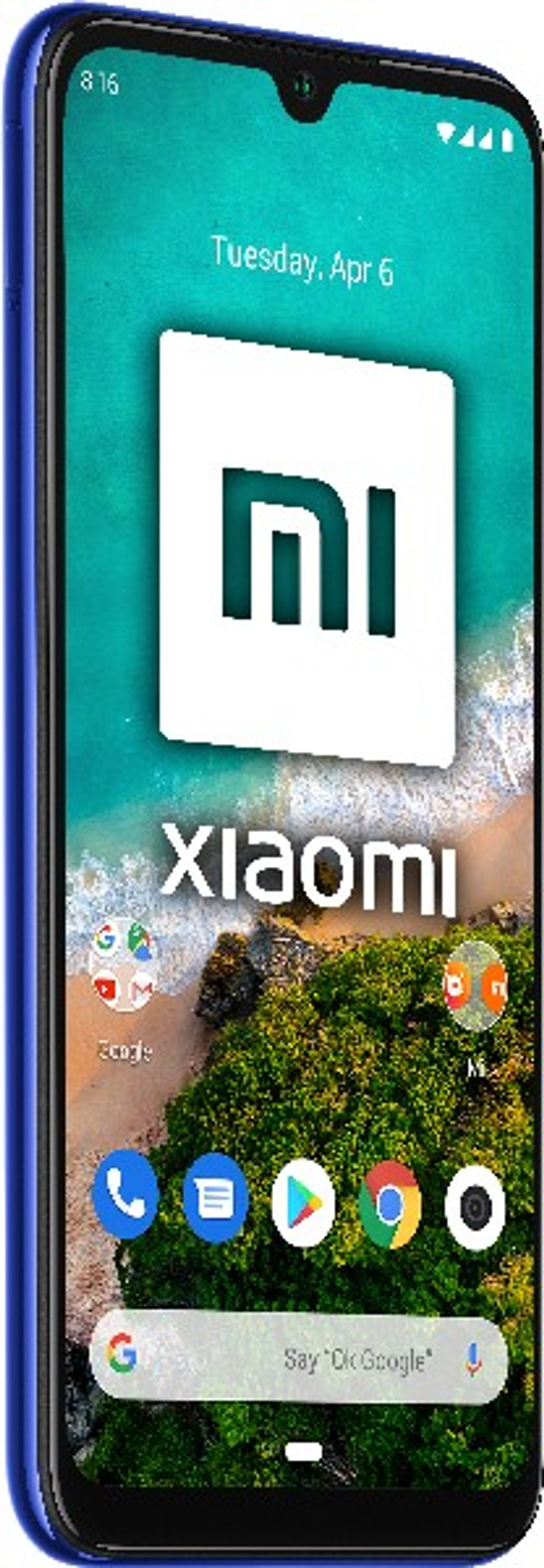 Blaues Smartphone mit beleuchtetem Bildschirm, der das Xiaomi-Logo und App-Symbole zeigt. Weißer Hintergrund.