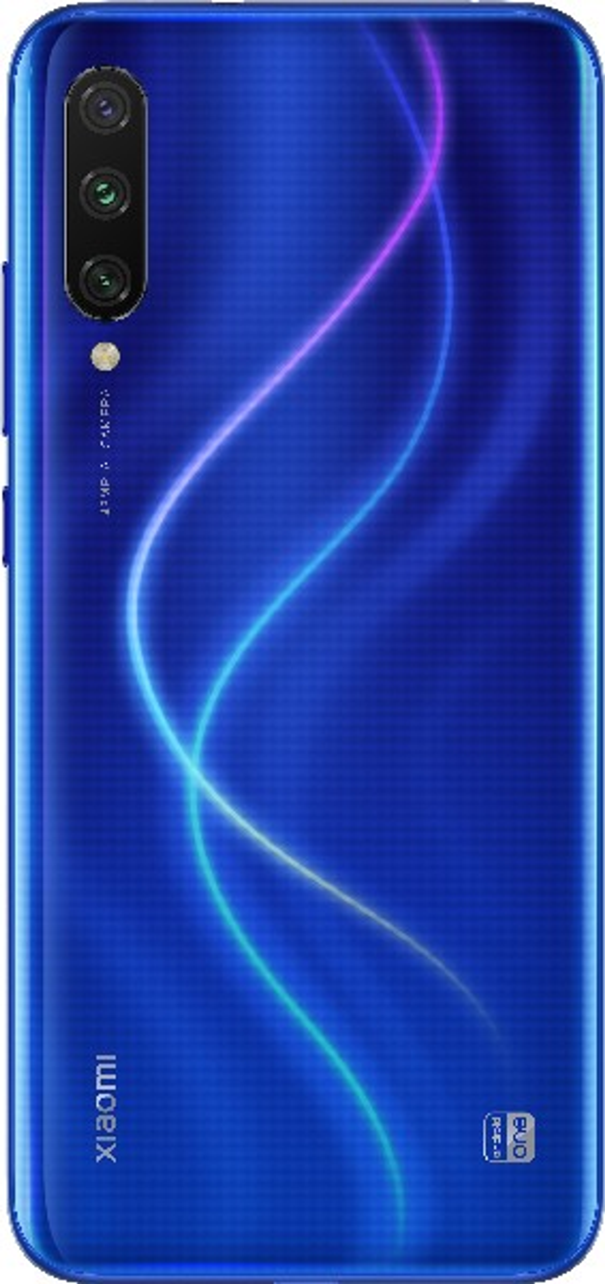 Blaues Xiaomi-Telefon mit geschwungenen Linien auf der Rückseite und Kamera.