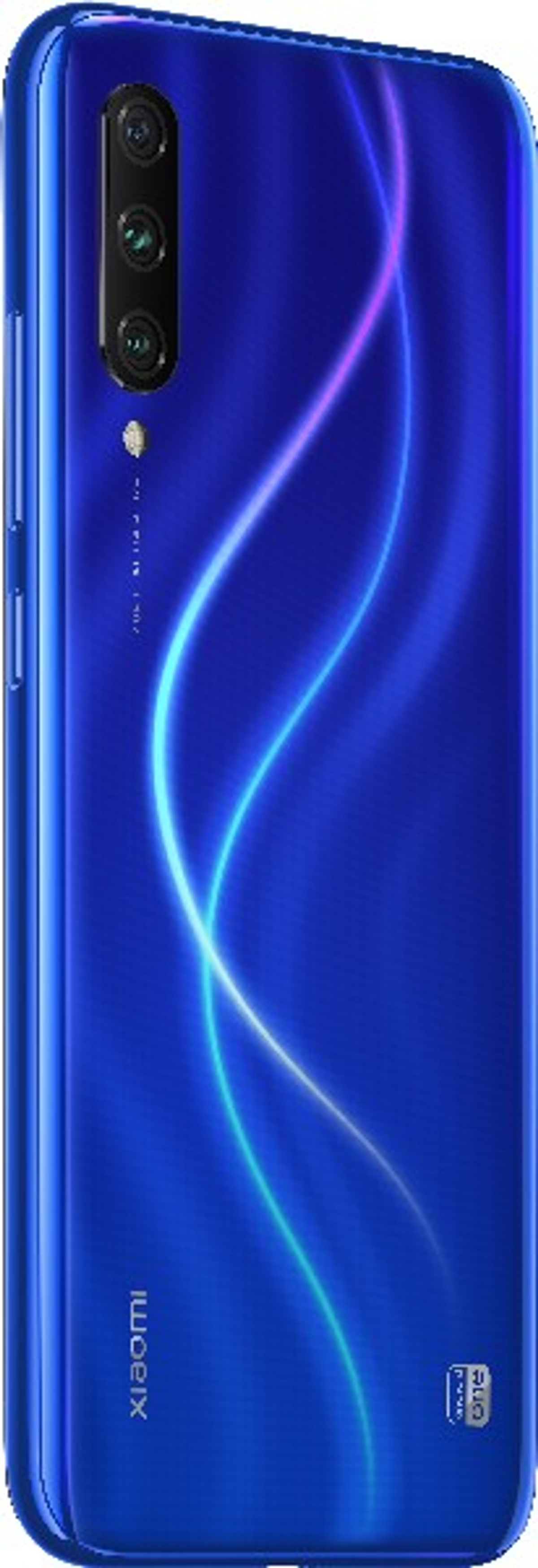 Blaue Smartphone-Rückseite, drei Kameras und leuchtendes Muster.