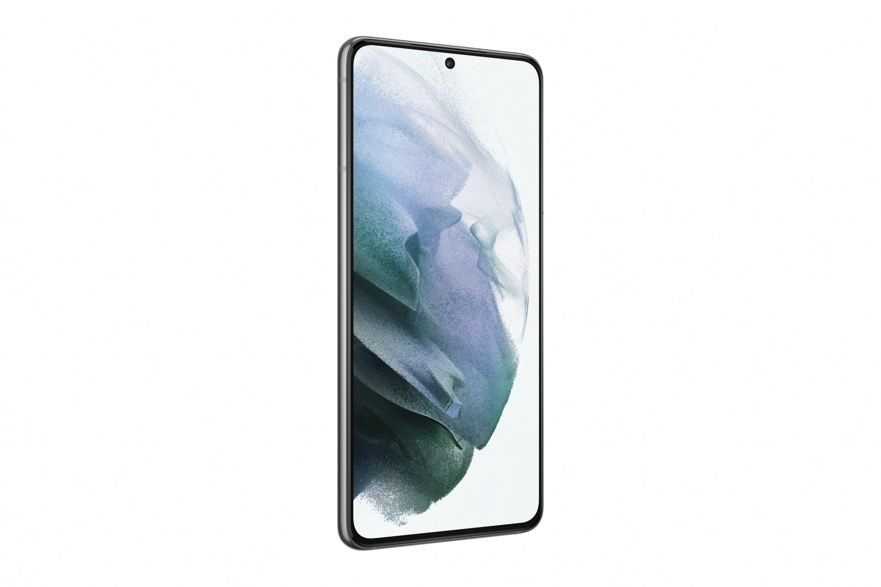 Smartphone mit grünem Rahmen, Bildschirm mit abstrakten Design, auf Weiß.