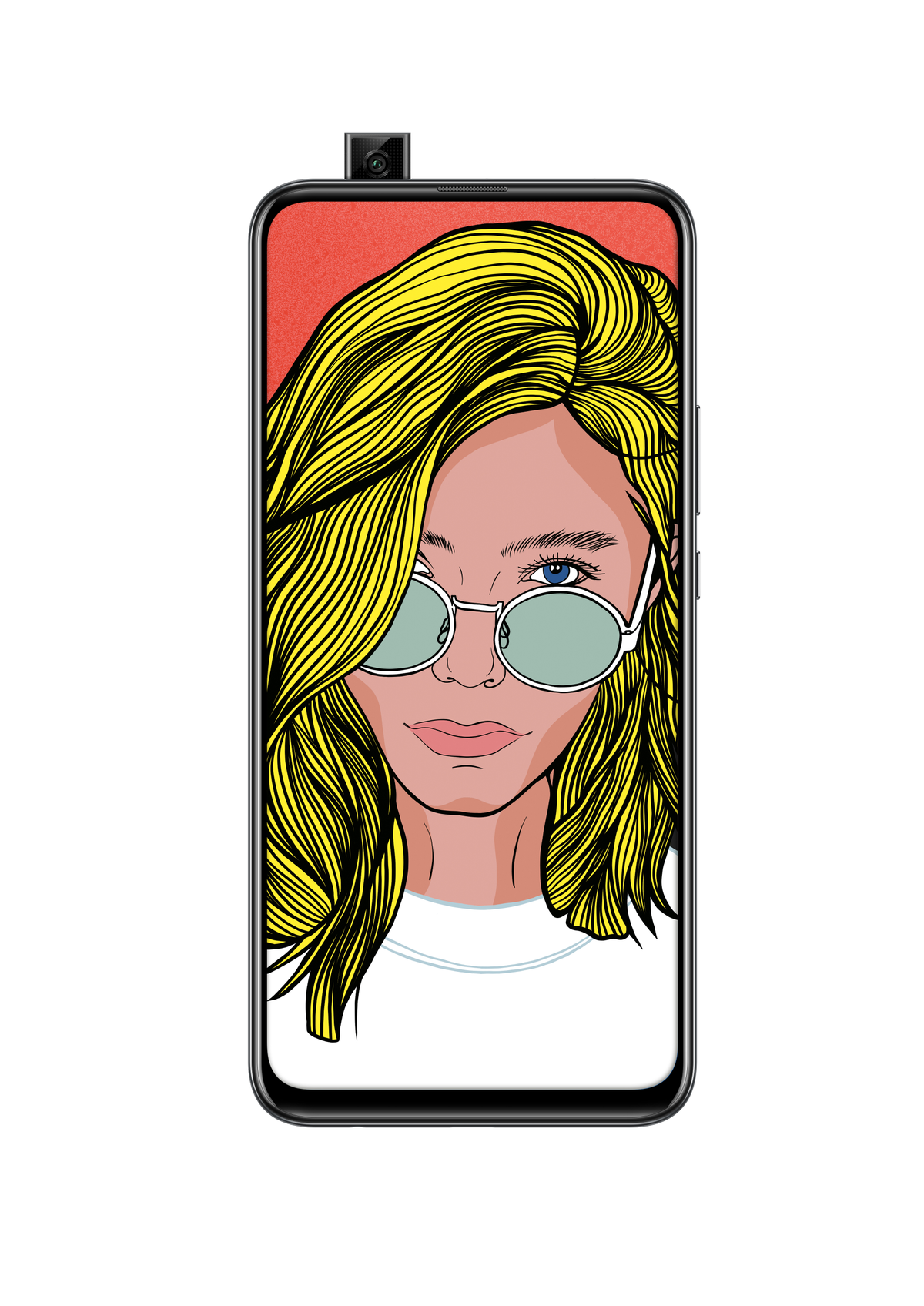 Telefon zeigt Illustration einer Frau mit Sonnenbrille.