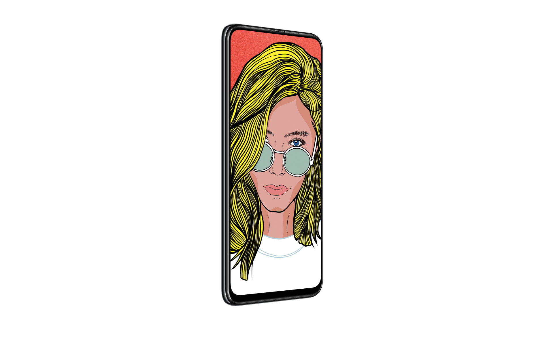 Handy-Bildschirm mit einer blonden Frau mit Sonnenbrille. Roter Hintergrund.