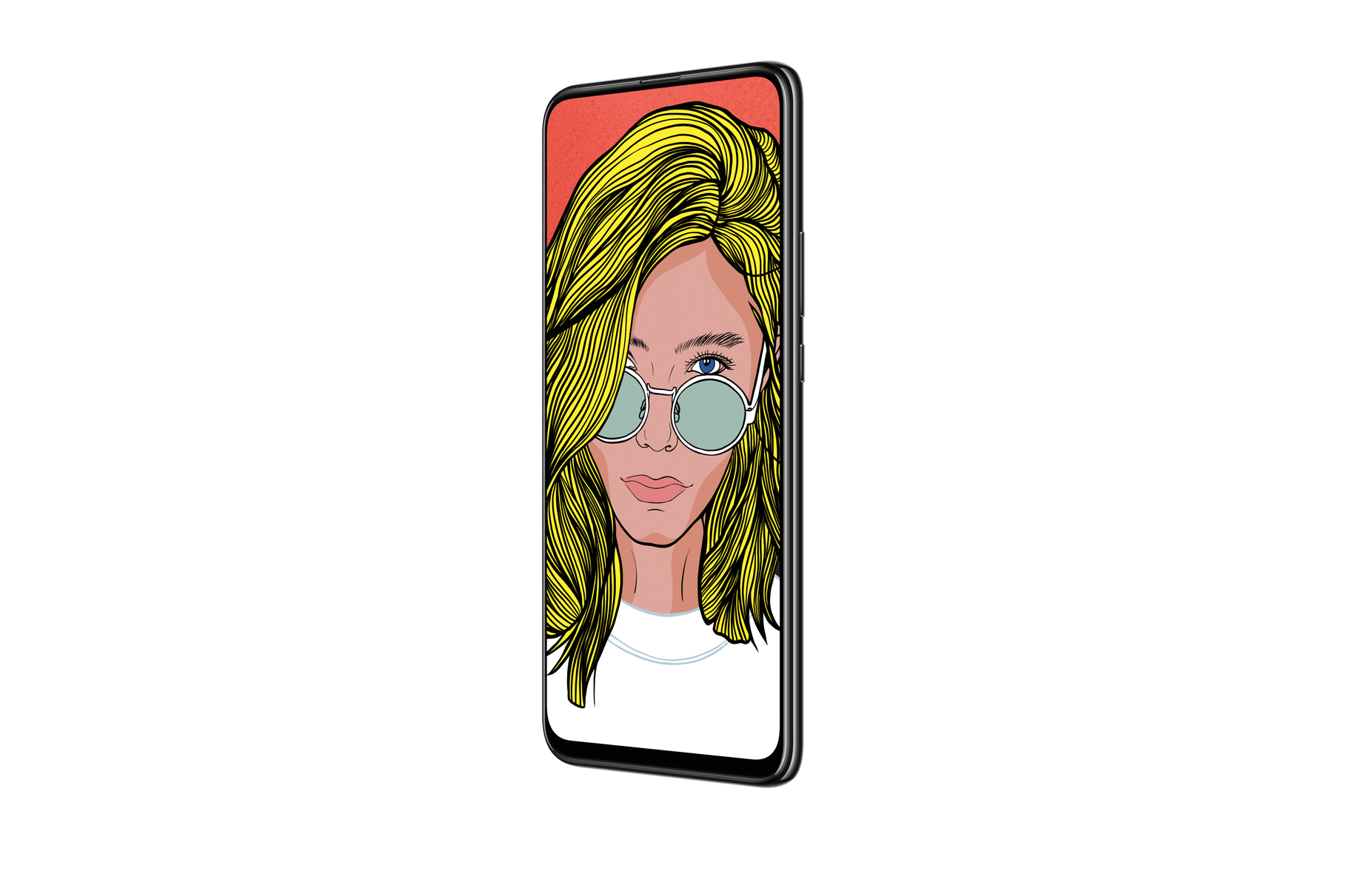 Ein Smartphone mit einem Cartoon-Bild einer Frau mit gelbem Haar und Sonnenbrille.