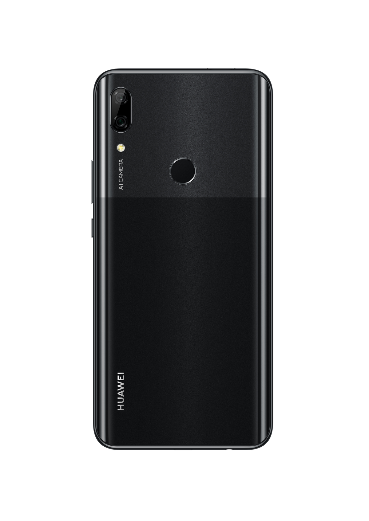 Schwarze Telefonrückseite mit Kamera und Blitz oben. Das Wort HUAWEI steht unten.