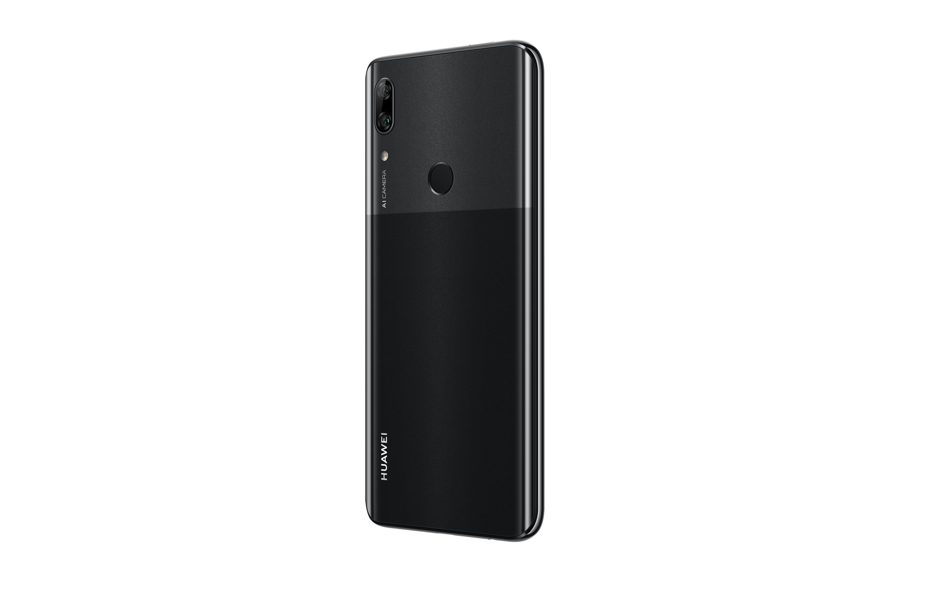 Rückseite eines schwarzen Telefons mit zweifarbigem Design. Das Telefon ist angewinkelt, mit Text.