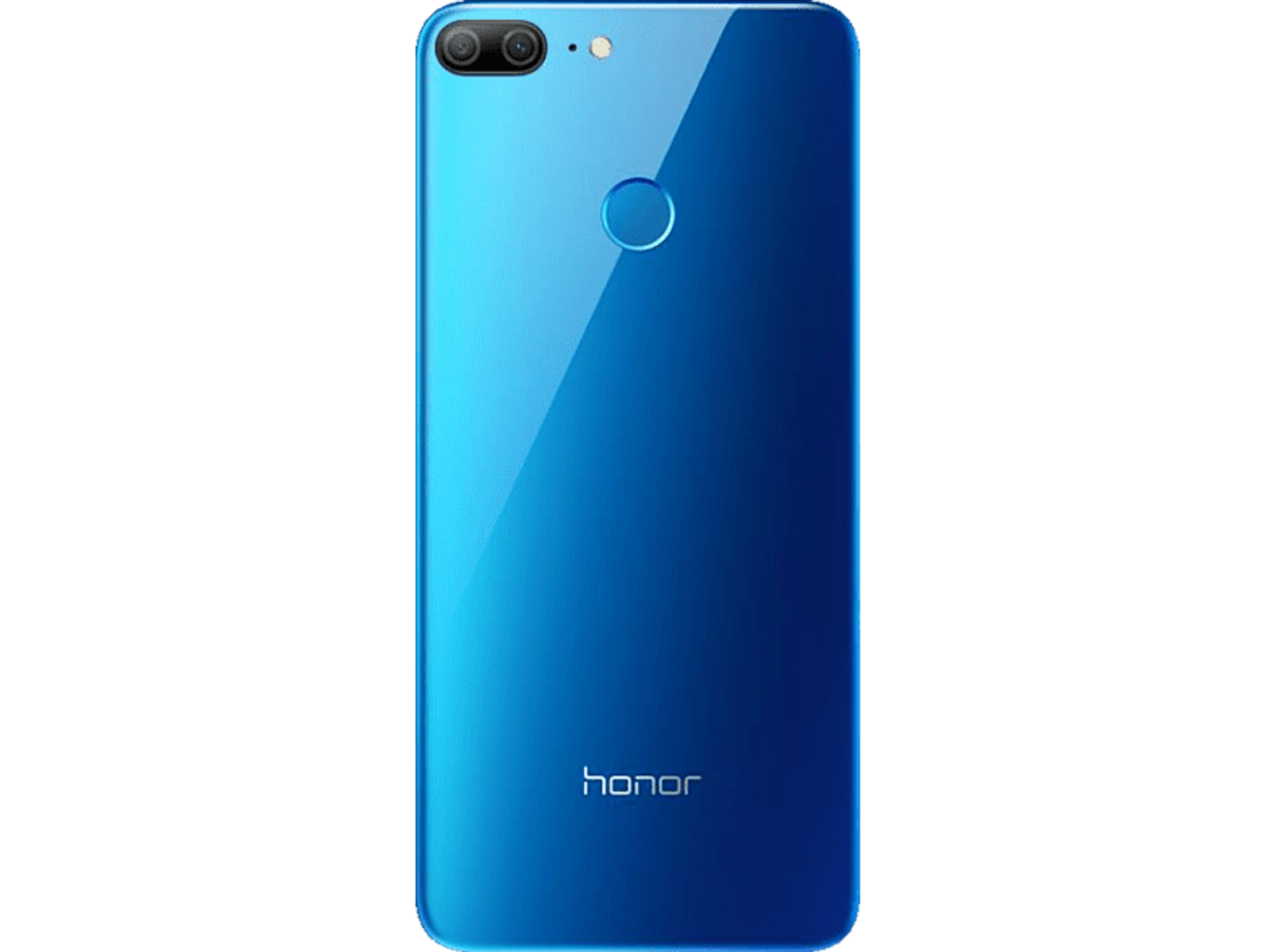 Blaues Honor-Telefon, die Rückseite. Dual-Kameras und Fingerabdruckleser sind sichtbar.
