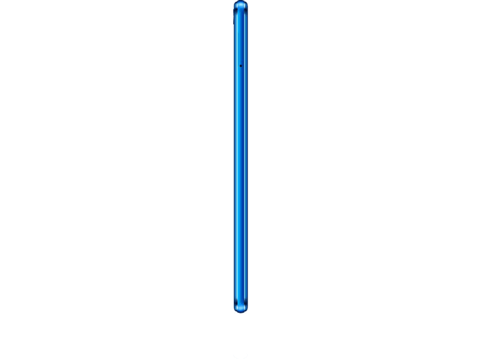 Seitenansicht eines blauen Smartphones mit Profil und Tasten auf schwarzem Hintergrund.