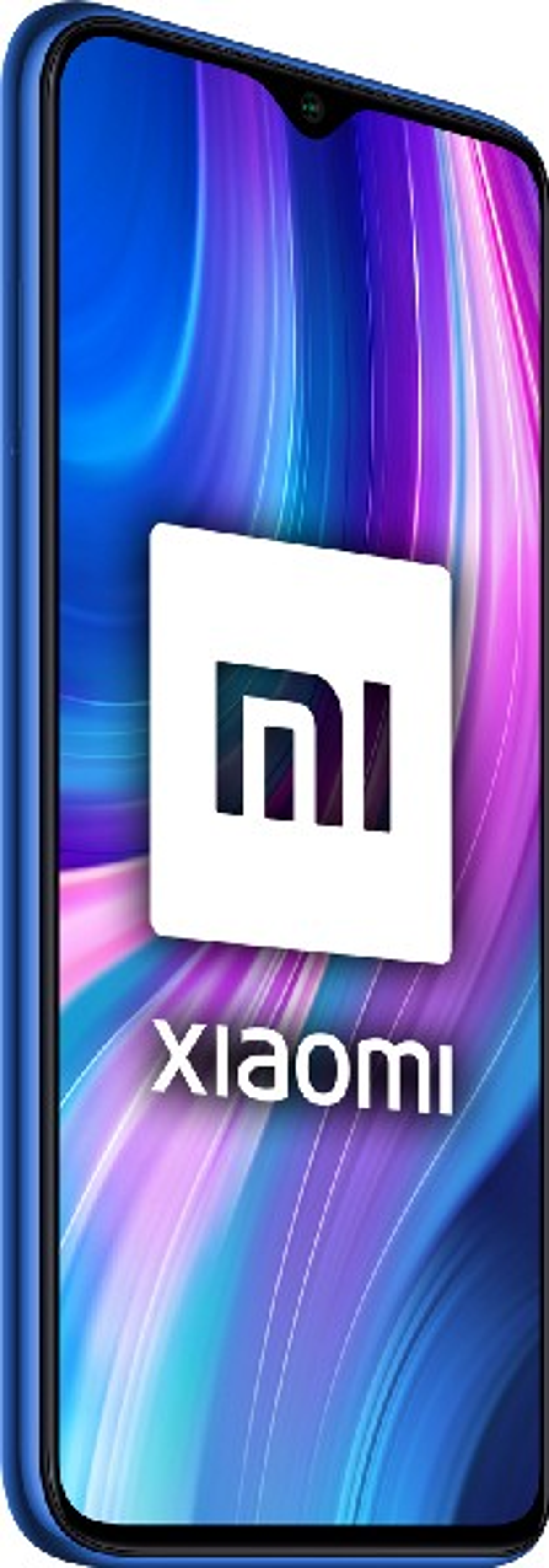 Blaues Xiaomi-Telefon mit weißem Xiaomi-Logo auf dem Bildschirm und dem Wort Xiaomi.