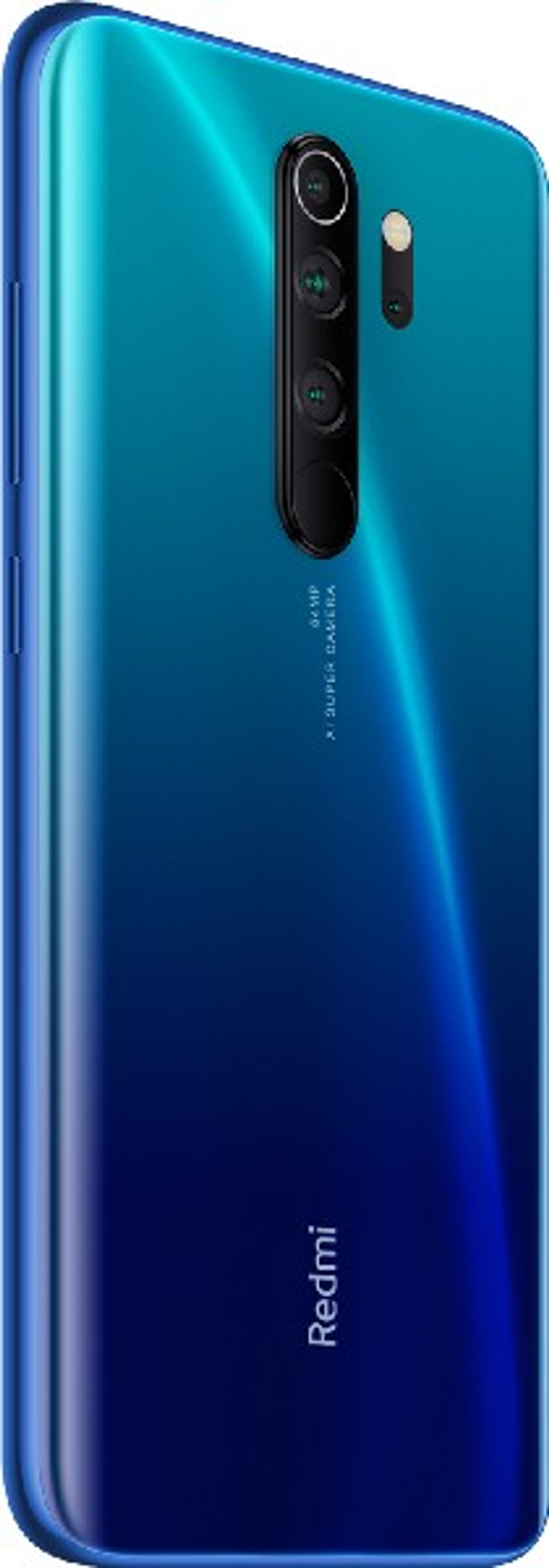 Ein blaues Gradienten-Telefon mit Dreifach-Kamera-Setup, Rückansicht.