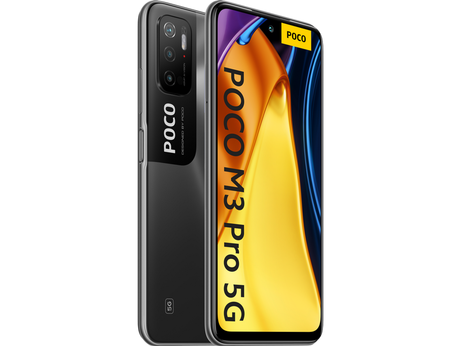 Czarny smartfon z potrójnym aparatem i żółtym tekstem 'POCO M3 Pro 5G'. Tło jest białe.