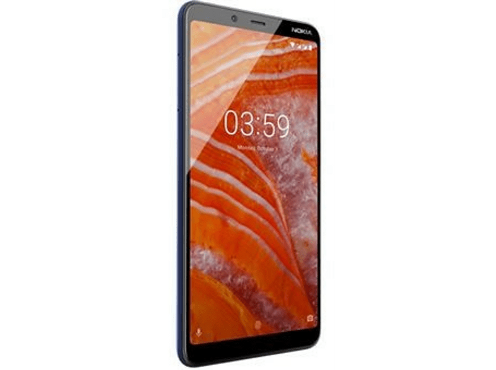 Un teléfono Nokia azul muestra la hora. La pantalla muestra patrones abstractos naranjas y rojos.