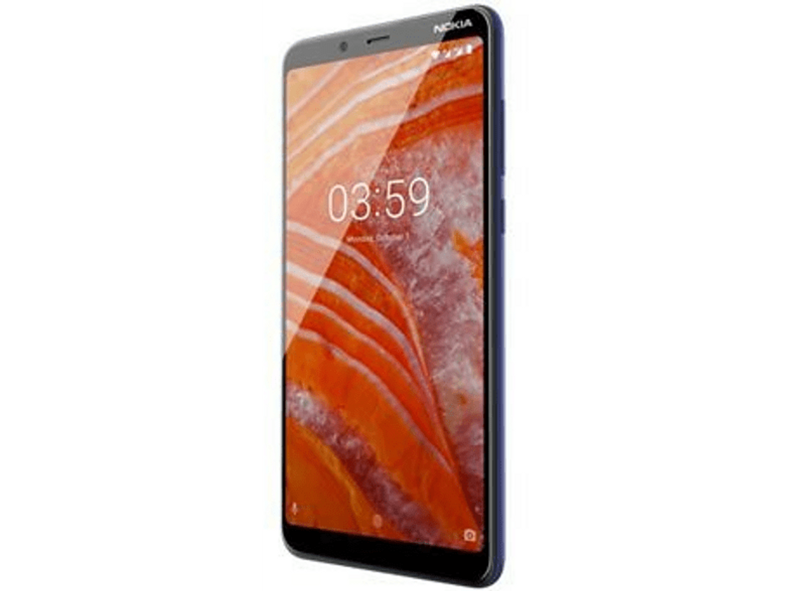 Teléfono Nokia, marco azul, pantalla muestra imagen abstracta naranja y roja, hora 03:59, fondo negro.
