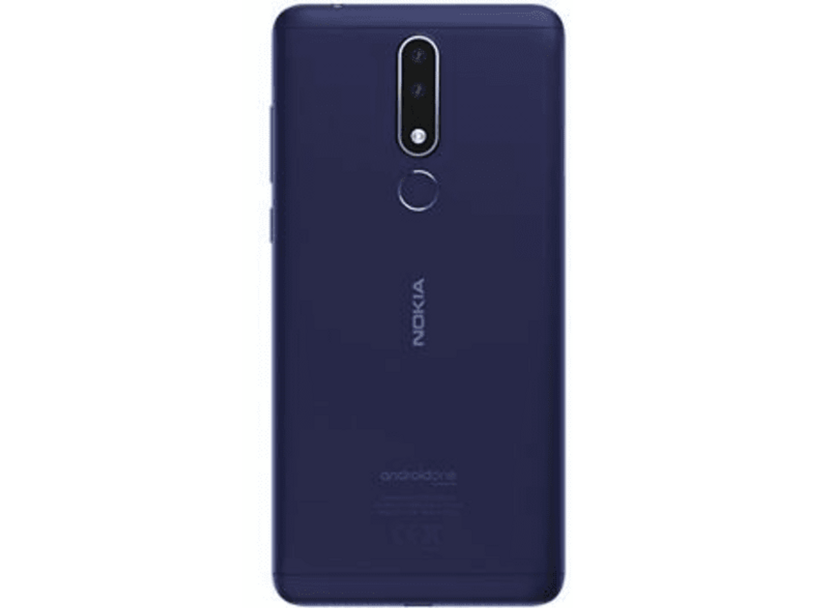 Teléfono Nokia azul oscuro. Se ve la parte trasera, con logo Nokia y cámara.