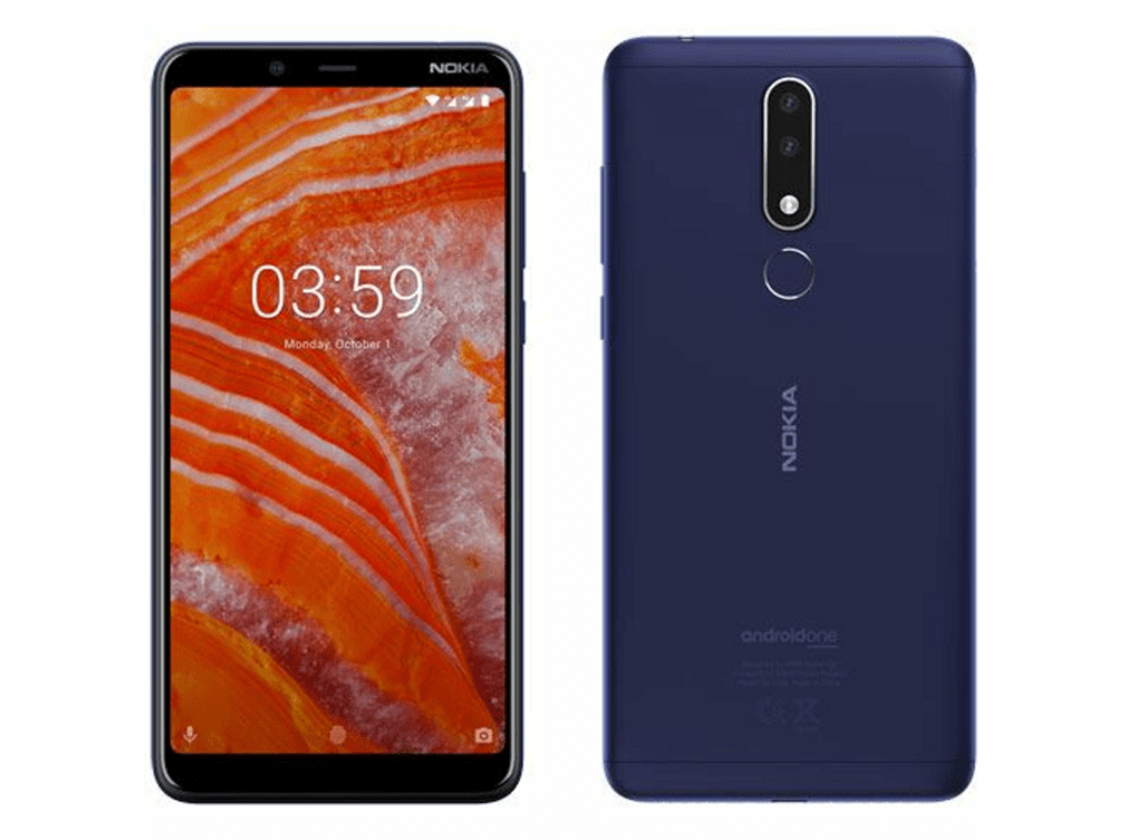 Un teléfono Nokia azul. El frente muestra la hora, y la parte trasera tiene una cámara.