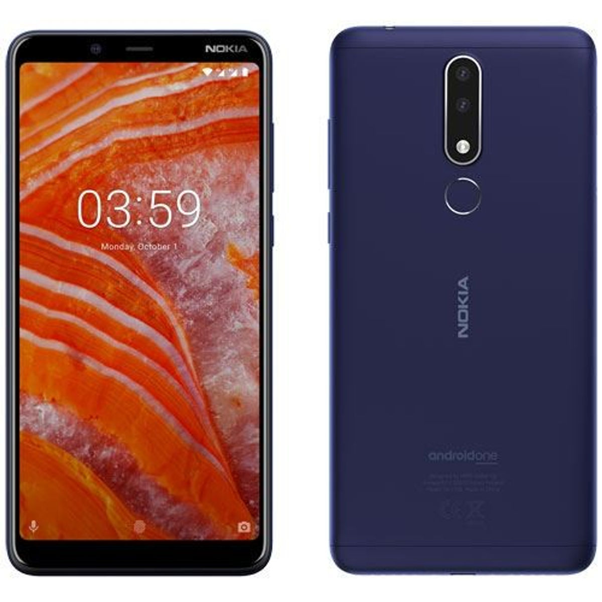 Smartphone Nokia, vistas frontal y trasera. Muestra pantalla con hora y trasera con cámara.