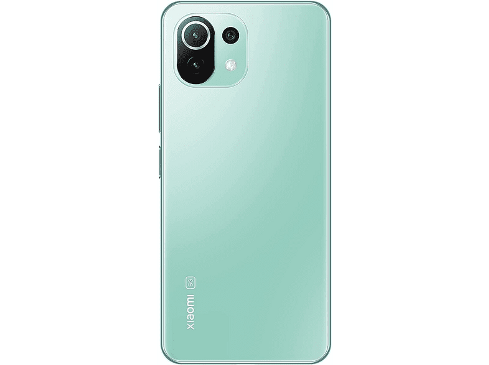 Widok z tyłu jasnozielonego smartfona na czarnym tle.